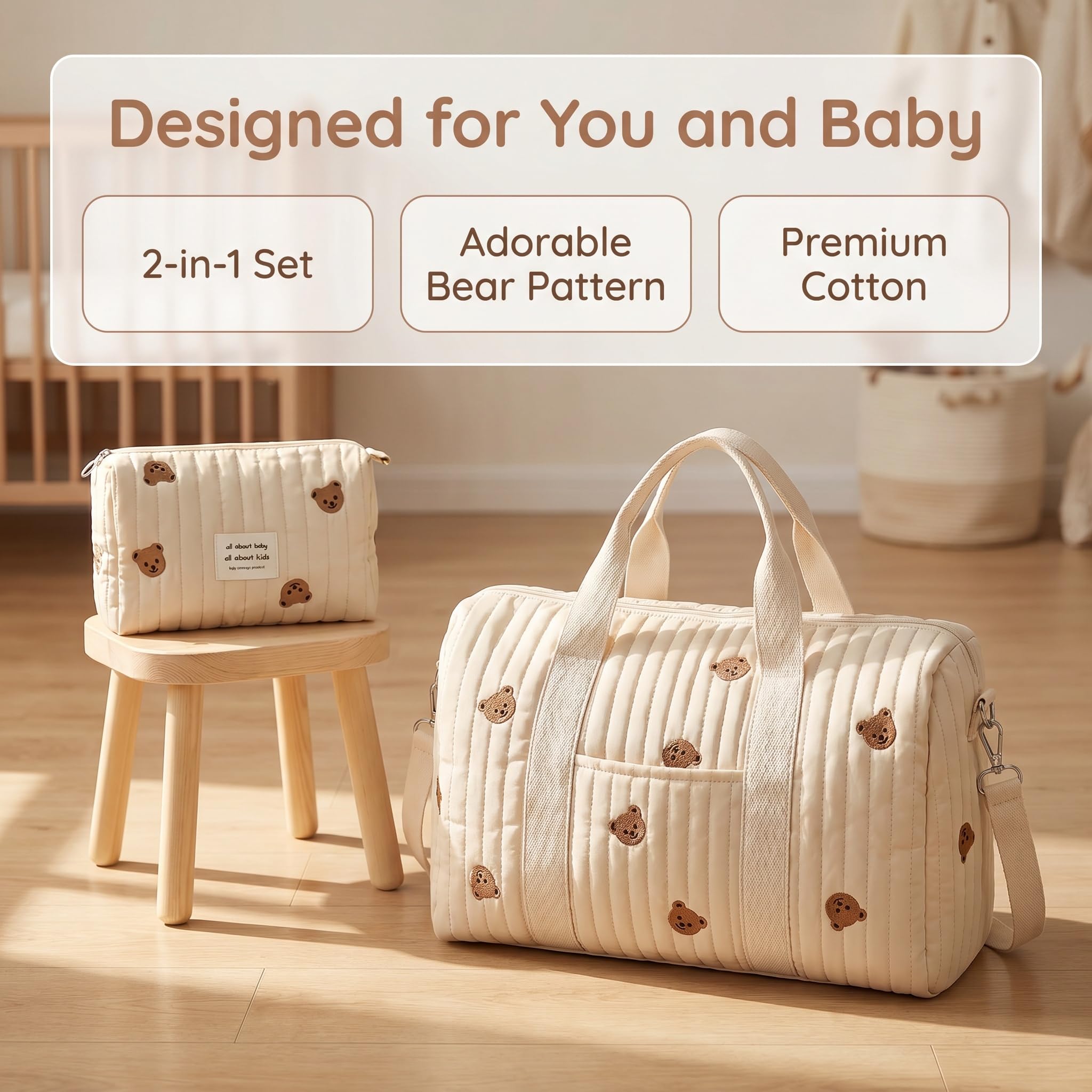 2er-Set Baby Wickeltasche Kliniktasche Reisewindeltasche Tragetasche Baumwolle Henkeltaschen Mom Bag Diaper Bag Wickeltasche für Unterwegs, Geburt im Krankenhaus, Reisen, Kinderwagen
