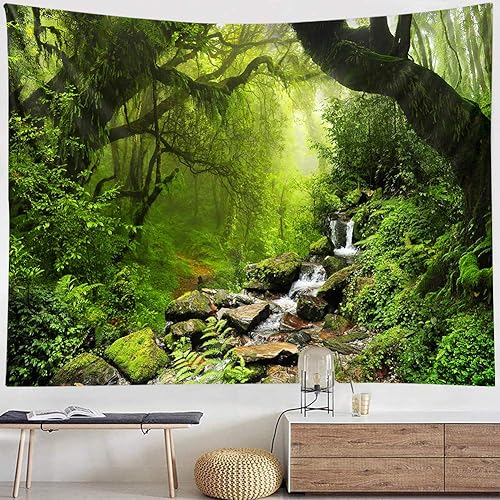 Miniatura 3 de Llamazing - Tapiz de paisaje forestal, decoración para el hogar para sala de estar y dormitorio, cortina mágica (arroyo verde, 90.5" de largo x