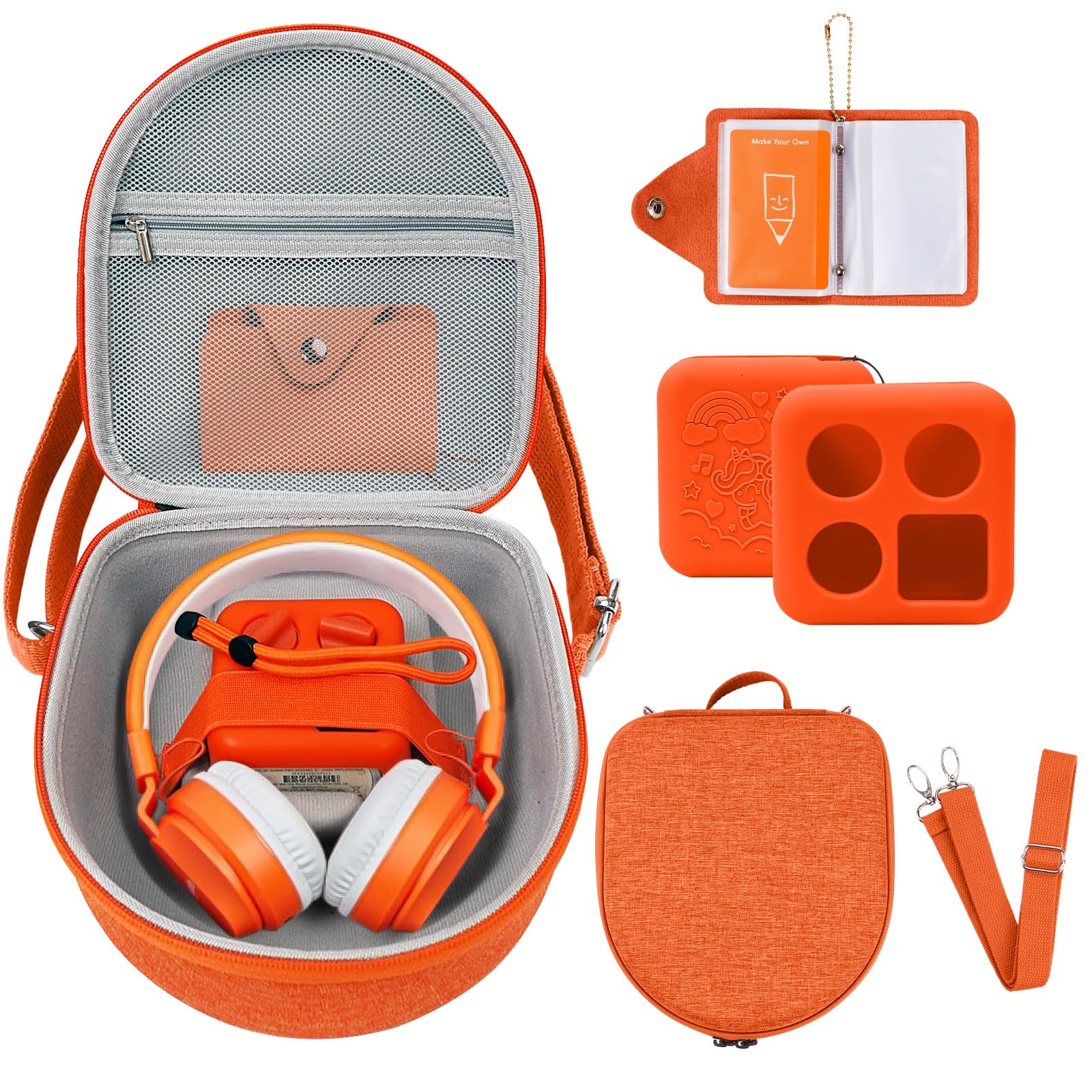 Hard Case Compatible with Yoto Mini (2024 Edition), 3-in-1 Travel Bundle: Silicone Cover + Case with Shoulder Strap (Fits Mini Player &amp; Headphones) + Up to 10 Card Holder for YOTO Cards (Orange)