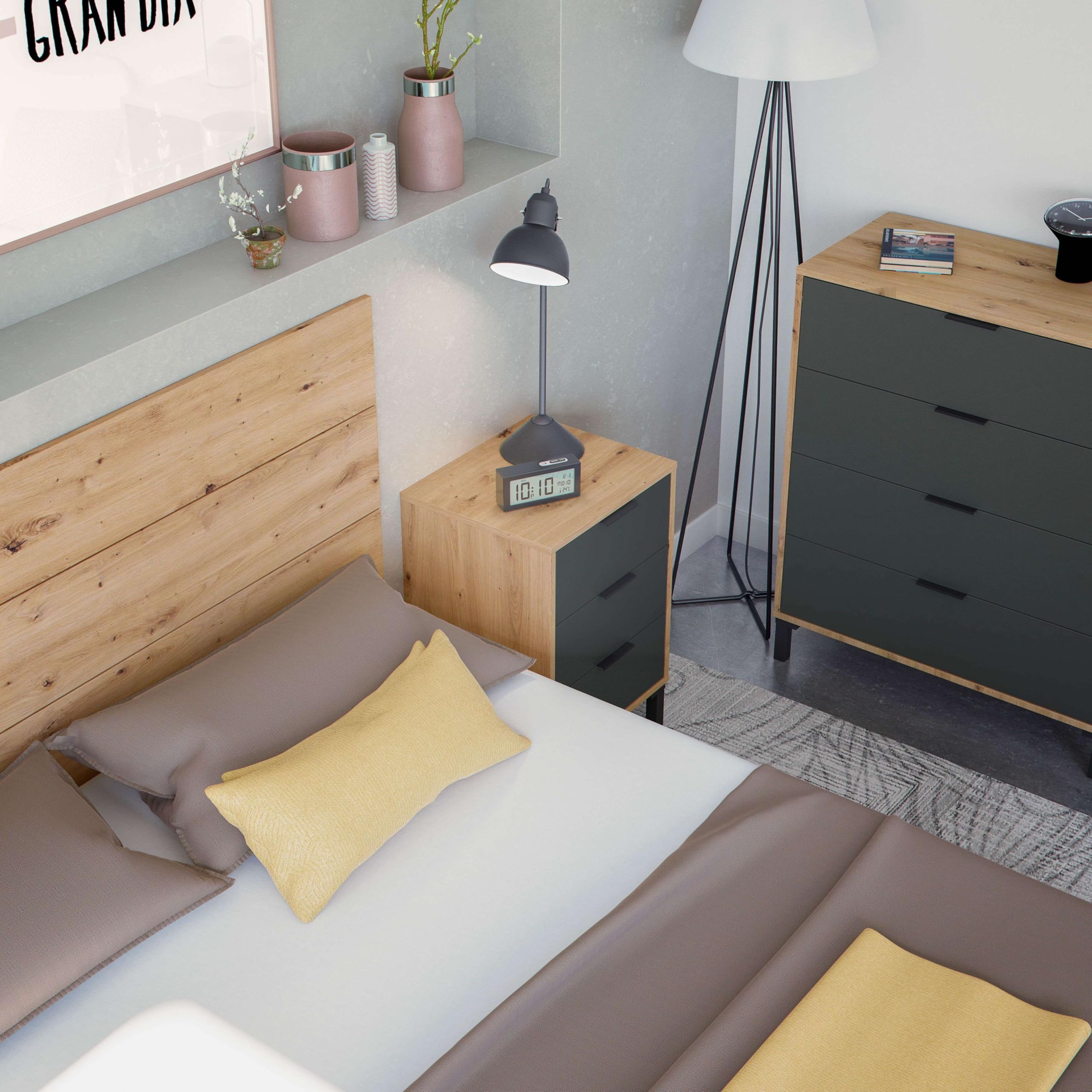 Testina + 2 comodini di notte, testiera per letto matrimoniale, modello Enzo, finitura in rovere Nodi e grigio antracite, Dimensioni: 160 cm (larghezza) x 60 cm (altezza) x 2,5 cm (profondità)
