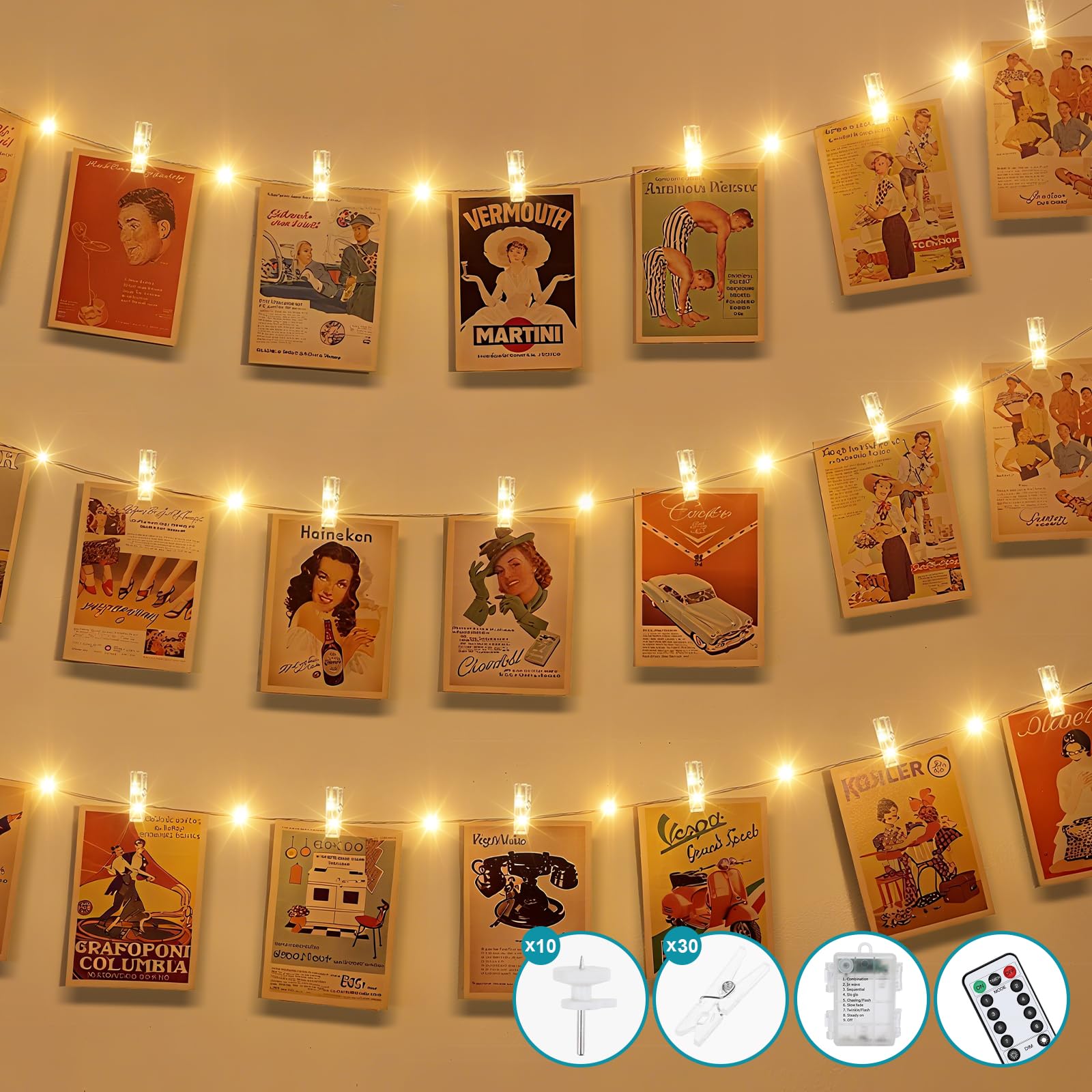 kolpop Lichterkette mit Klammern für Fotos, 8 Modi Lichterkette mit Fernbedienungen, 5M 50LED Wasserdicht Foto Batteriebetriebene Fotoclips für Wohnzimmer, Weihnachten, Hochzeiten, Party Bilder
