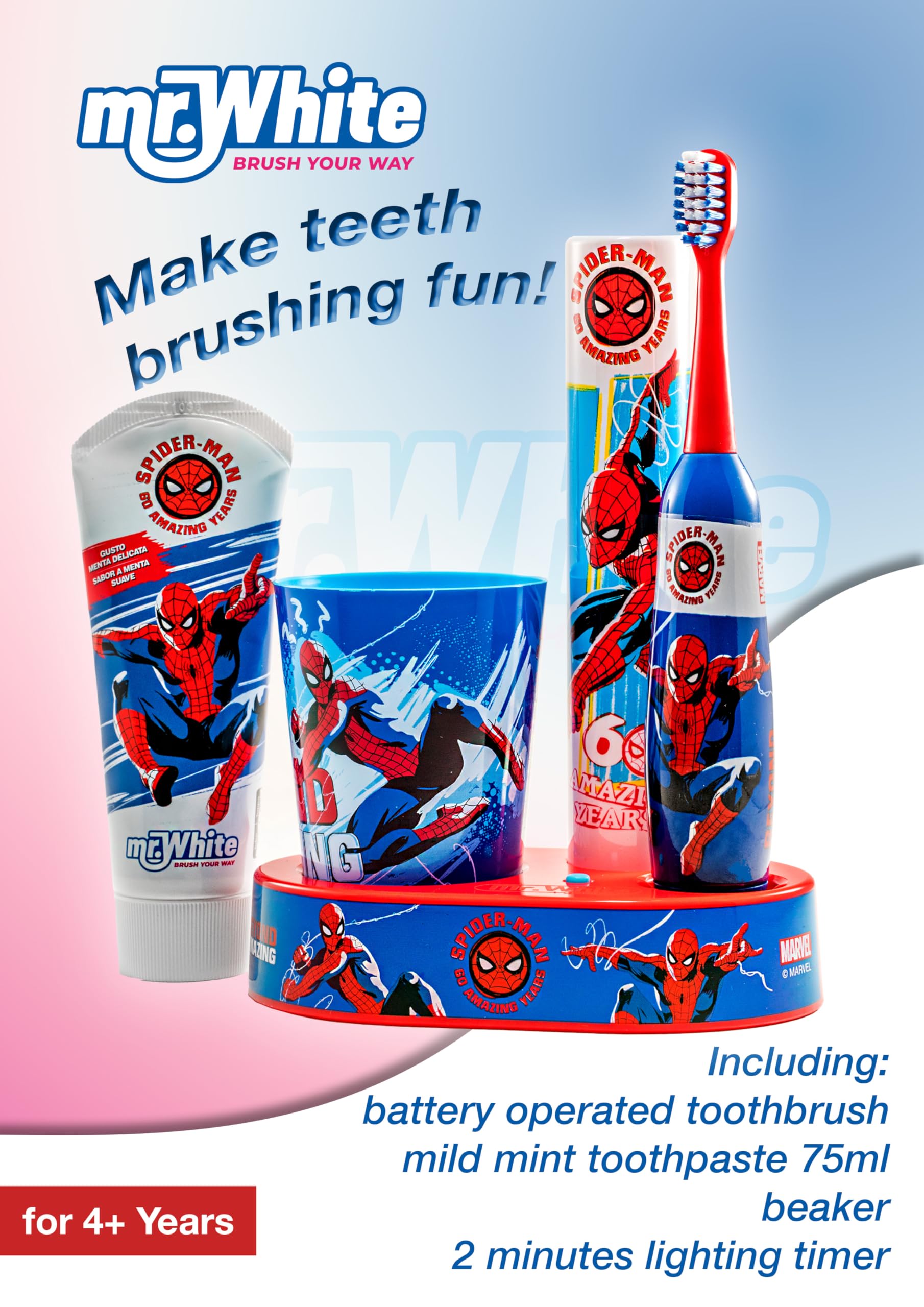 Mr.White - Confezione regalo con LED Marvel Spiderman per bambini, con dentifricio, spazzolino da denti alimentato a batteria, bicchiere e base con torre lampeggiante di 2 minuti