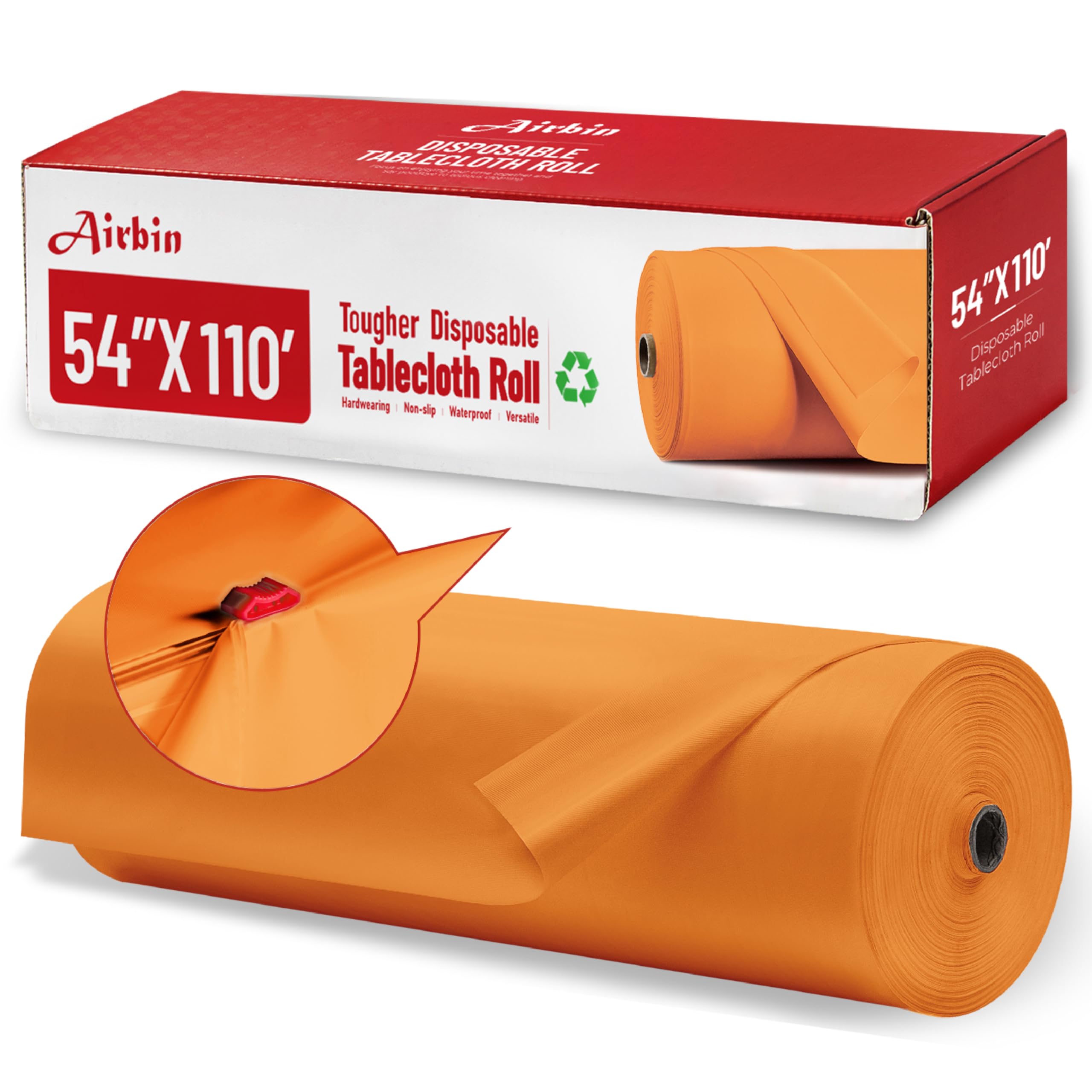 Airbin Plastic Table Cloth, 110 Ft X 54 in Disposable Tablecloth Orange Tablecloth Premium PEVA Plastic Table Cloth Disposable with Any Cut Sliding