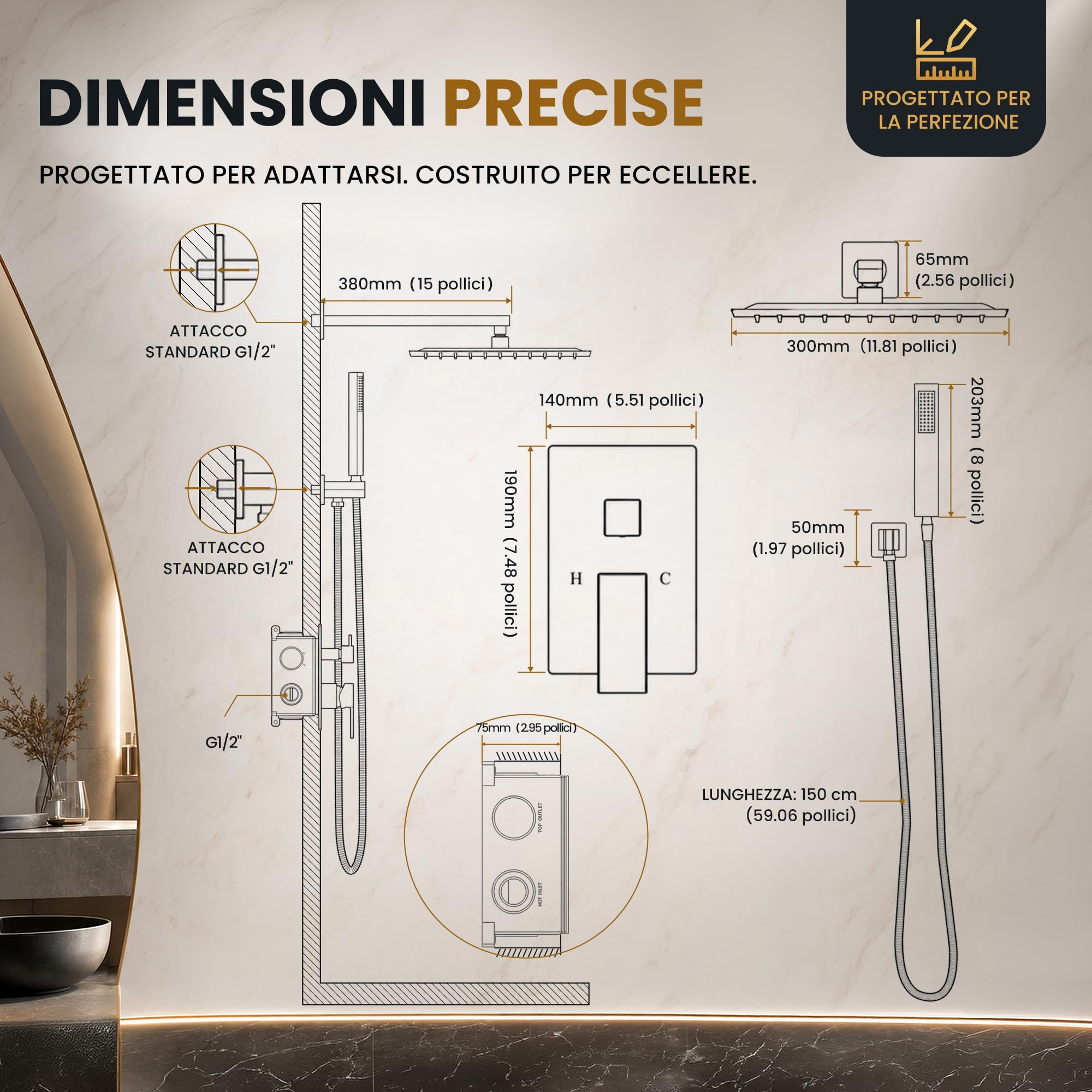 Set Doccia Incasso con Soffione a Pioggia 30 cm, Cromo Lucido | Corpo Valvola in Ottone, Cartuccia di Bilanciamento Della Pressione in Ceramica, Soffione Pioggia e Doccetta in Acciaio Inox