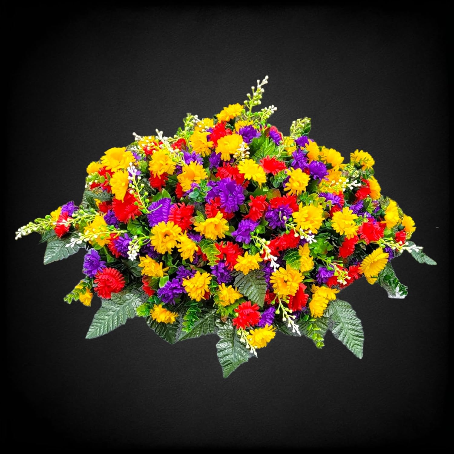 Cemetery Saddle Memorial Decoration - Realistic Silk Faux Floral Artificial Grave Flowers - Multicolor Red Yellow and Purple Mini Mums for Headstone Decorating