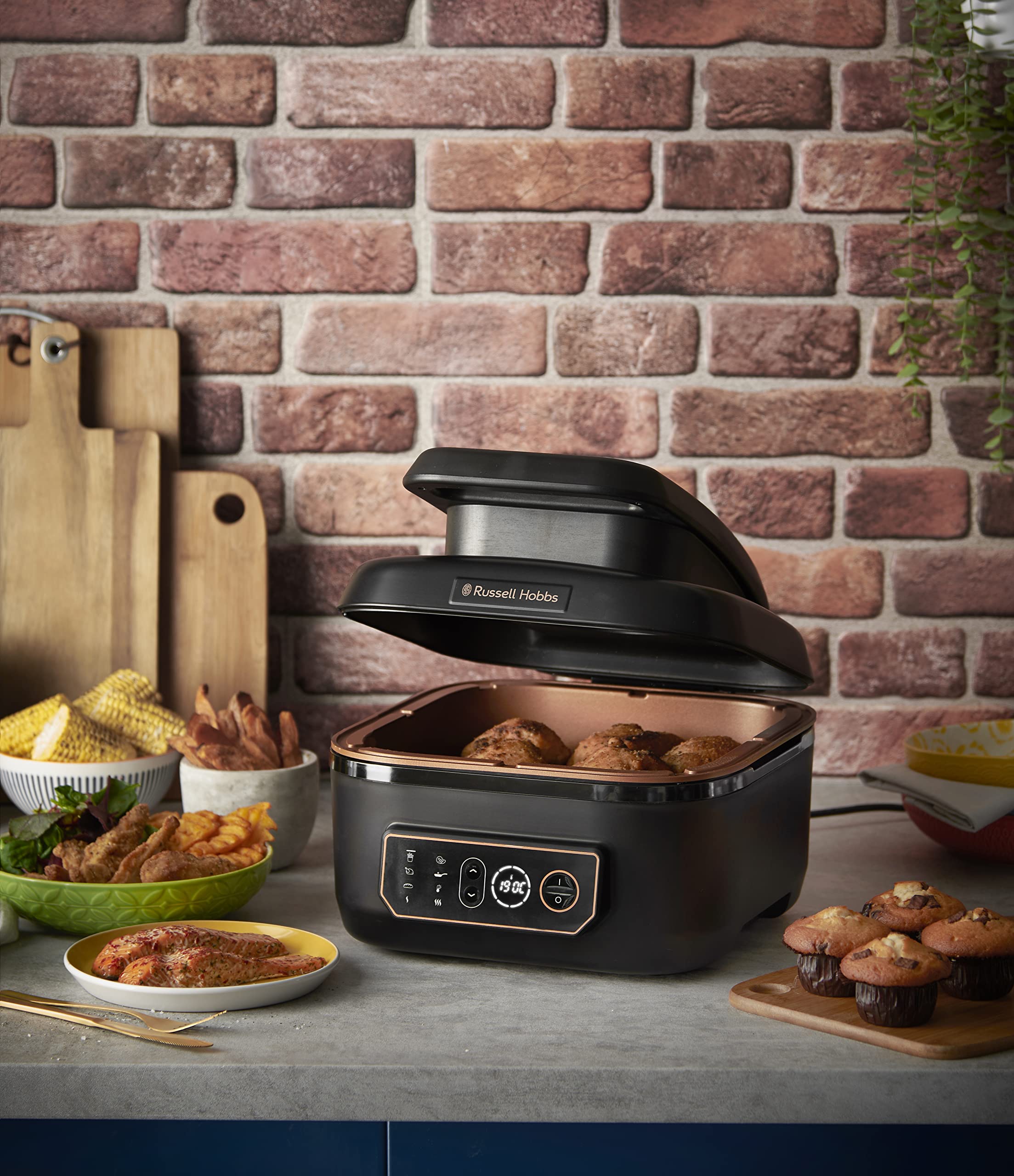 Russell Hobbs Friggitrice ad aria + Multicooker, XXL 5.5 L, 8 funzioni cottura, Energy saving, doppie resistenze come un forno, no olio, 1600 W, lavastoviglie ok, max 260°C, Satisfry & Grill 26520-56