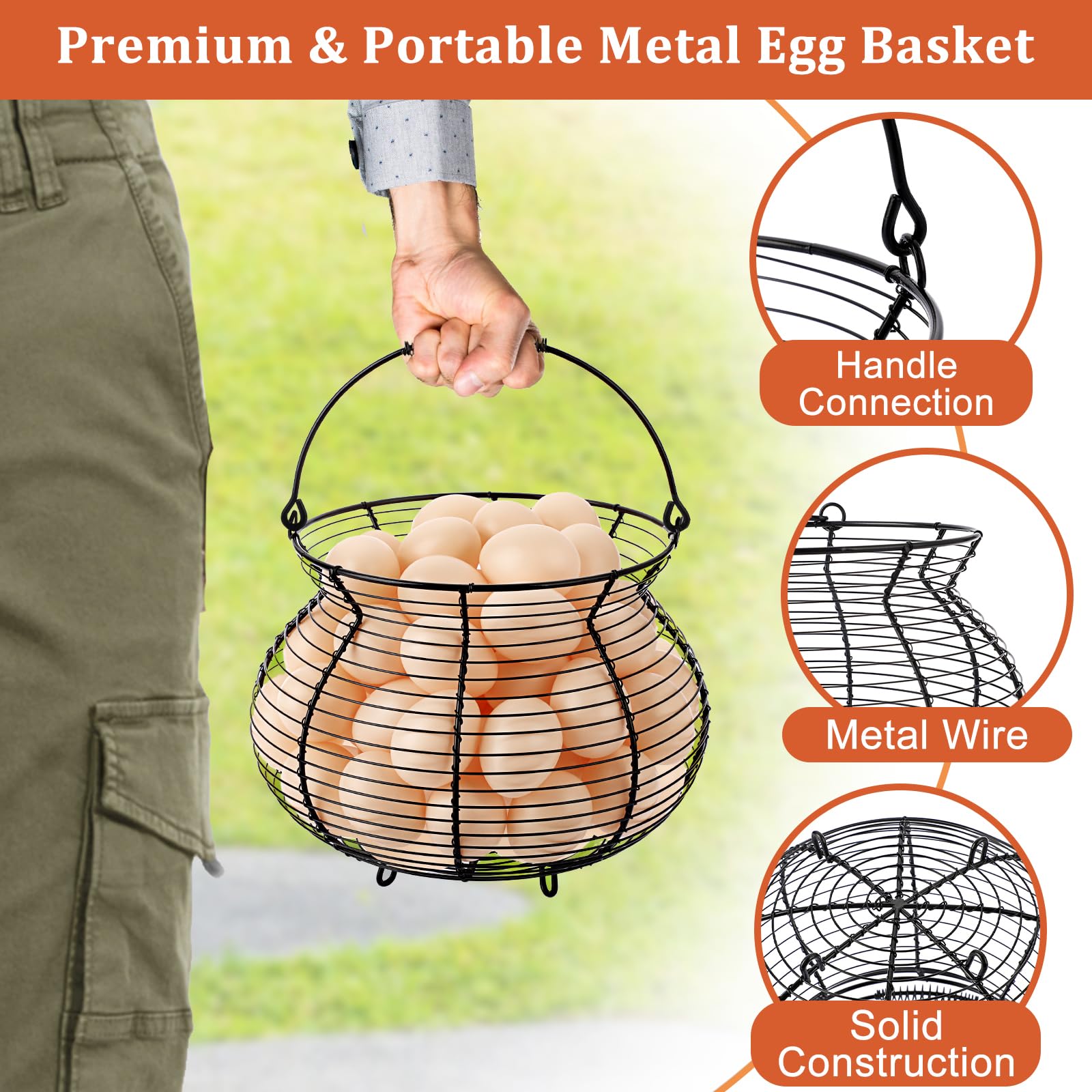 1 cesta de huevos de alambre negro, cesta de metal para recoger huevos frescos, cesta de pollo para decoración de cocina