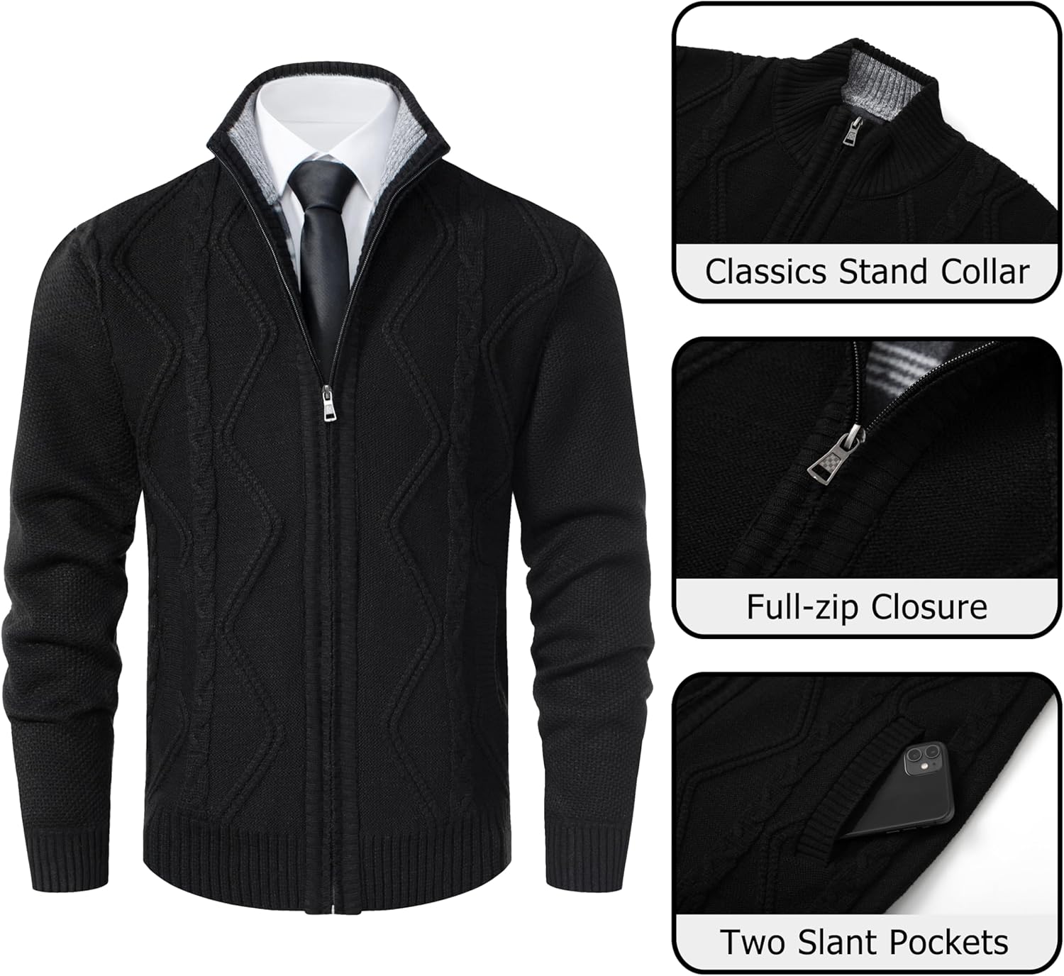 Vcansion Men's Classic Cardigan Sweaters Stand Collar Slim Fit Casual Knitted Sweater - Image 3