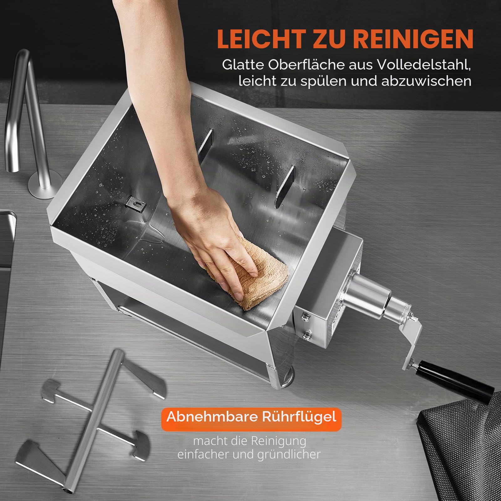 VEVOR manueller Fleischmischer 30 L Fleischverarbeitungsgerät (maximales Mischen von 20,4 kg Fleisch), Fleischmischer aus Edelstahl, Wurstmischer mit Untersetzungsgetriebe, Handmixer für Hackfleisch