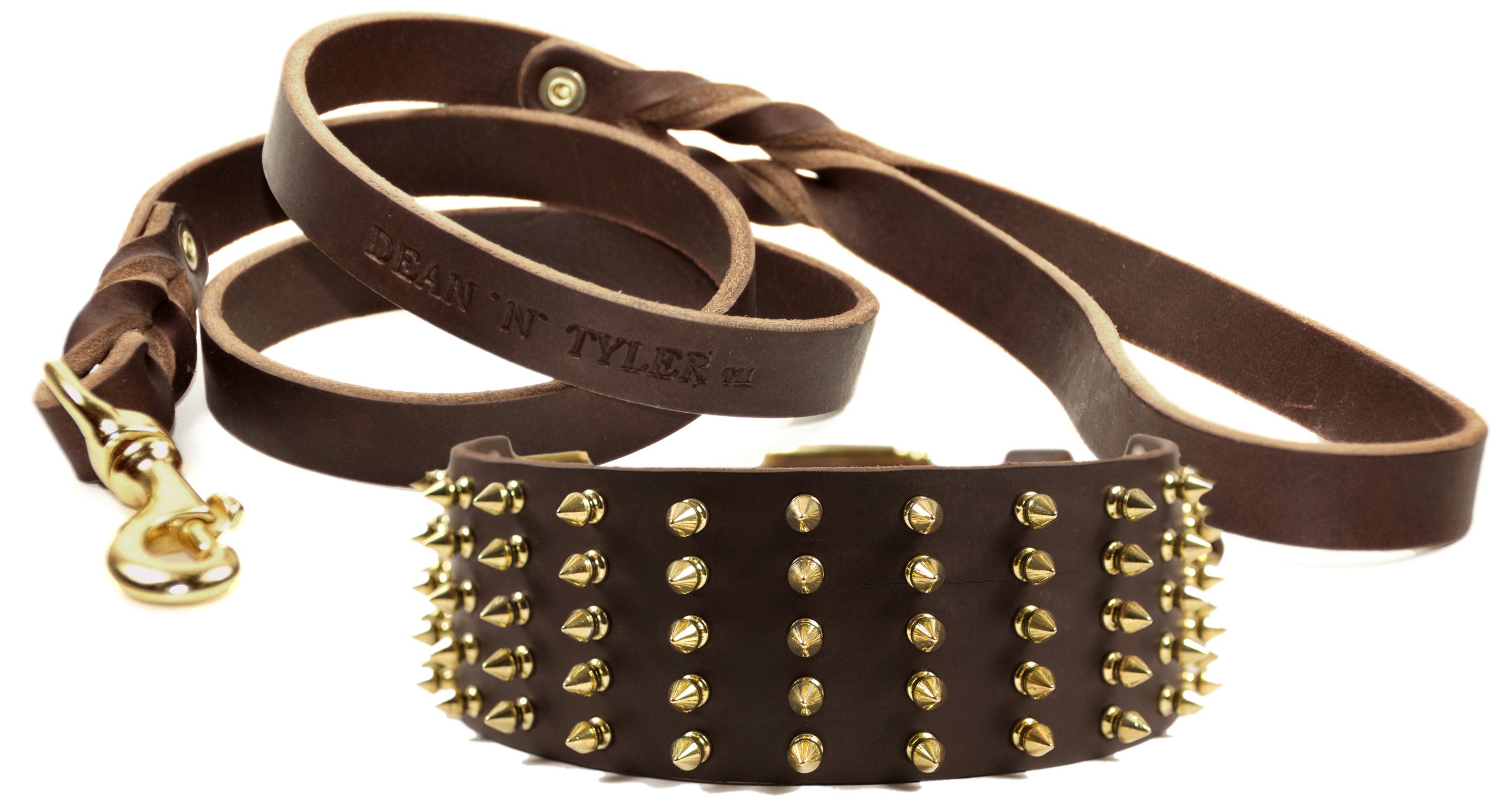 Collier à pointes marron 86cm cuir avec laisse assortie 1m80