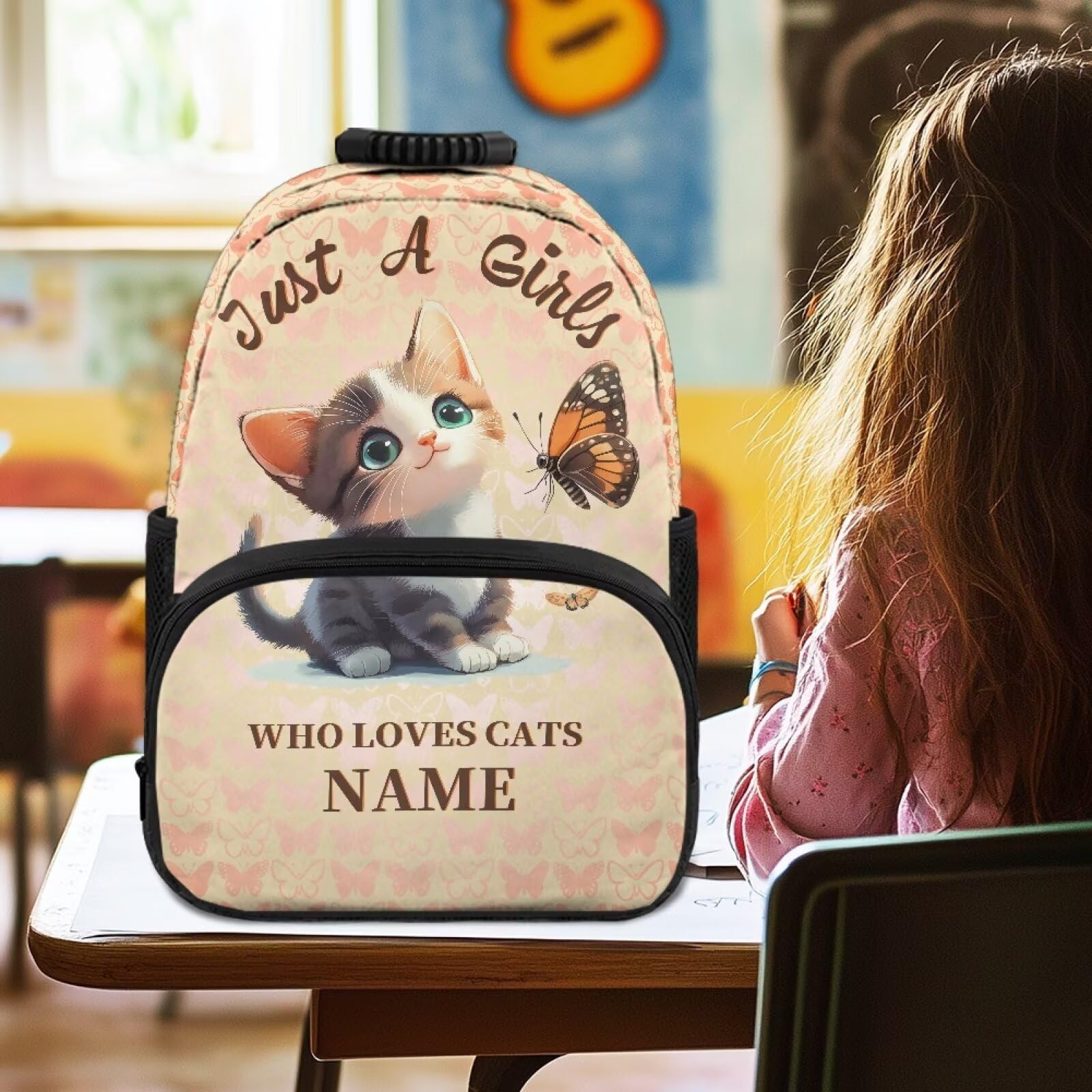 COEQINE Mochila personalizada para niñas para la escuela, mochila de 15 pulgadas para niños, mochila escolar preescolar para niñas pequeñas a las que les gusta el gato con nombre, mochila de viaje