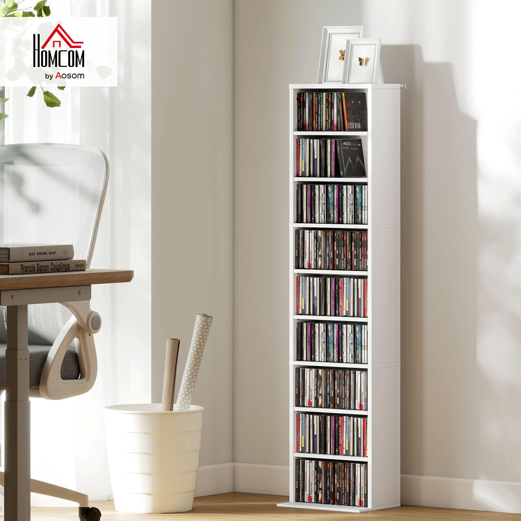 HOMCOM Mobile Porta CD con 6 Ripiani Regolabili, Scaffale Porta 260CD/120DVD Salvaspazio in Legno, Mobile Portacd con 9 Scomparti, per Soggiorno, Camera da Letto, Ufficio, 33x24x140 cm, Bianco
