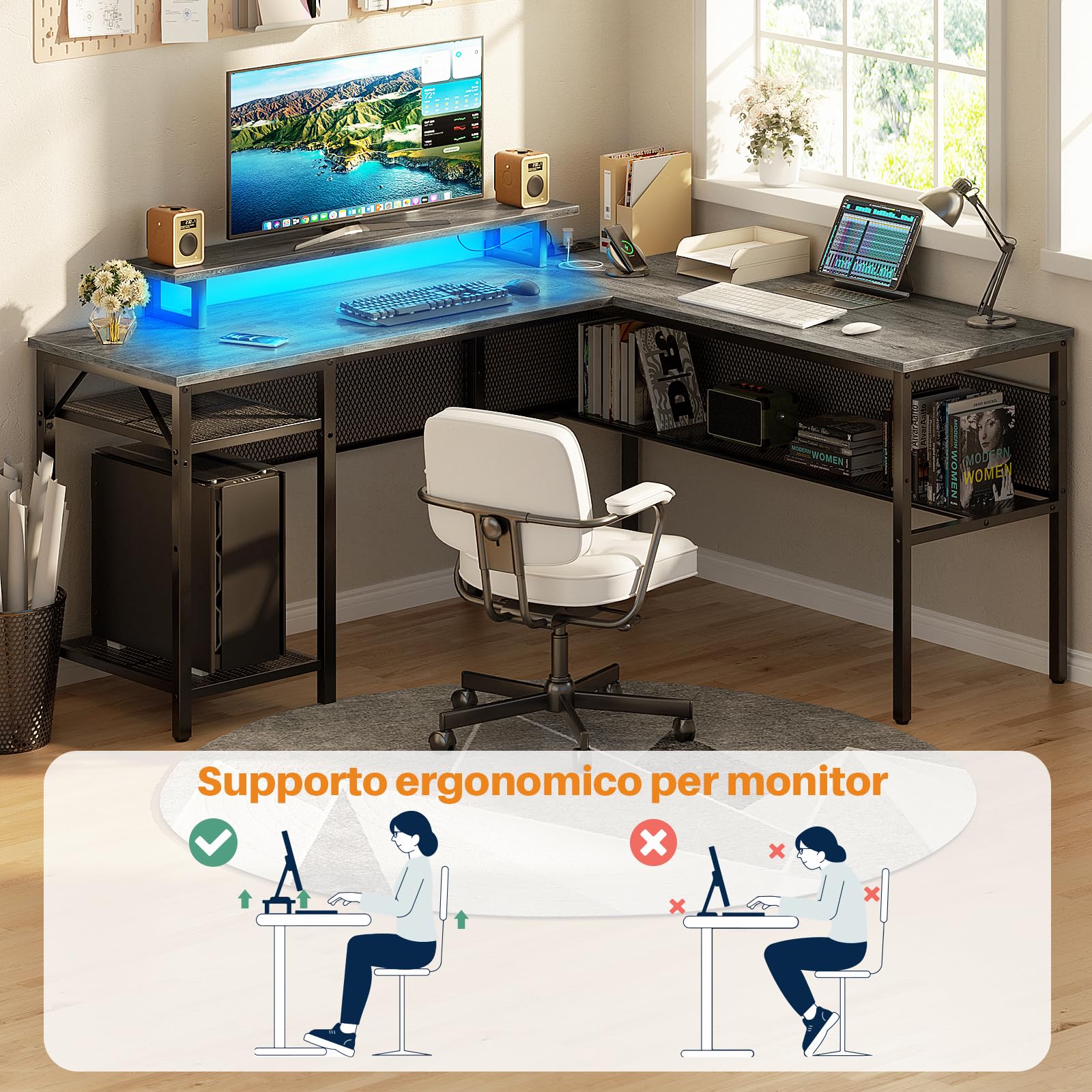 iSunirm Scrivania Gaming a L,110x80 cm Scrivania Angolare Reversibile con LED,Scrivania ad L per Casa Ufficio,Scrivania Computer con 2 Prese e 2 Porte USB,Quercia Grigia