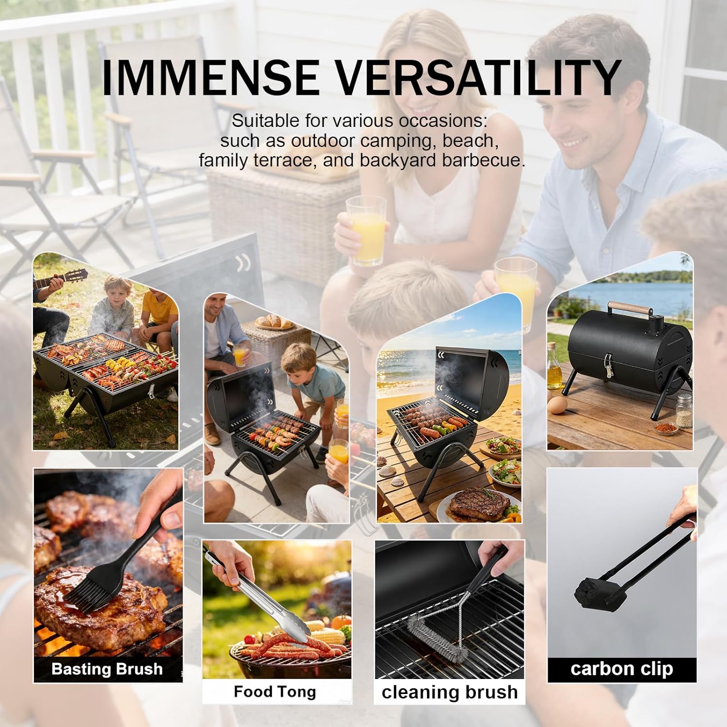 Portable Folding Charcoal BBQ Grill, Tabletop Smoker for Outdoor Camping, Two-Sided Carbon Griller, Small Compact Size (Black)