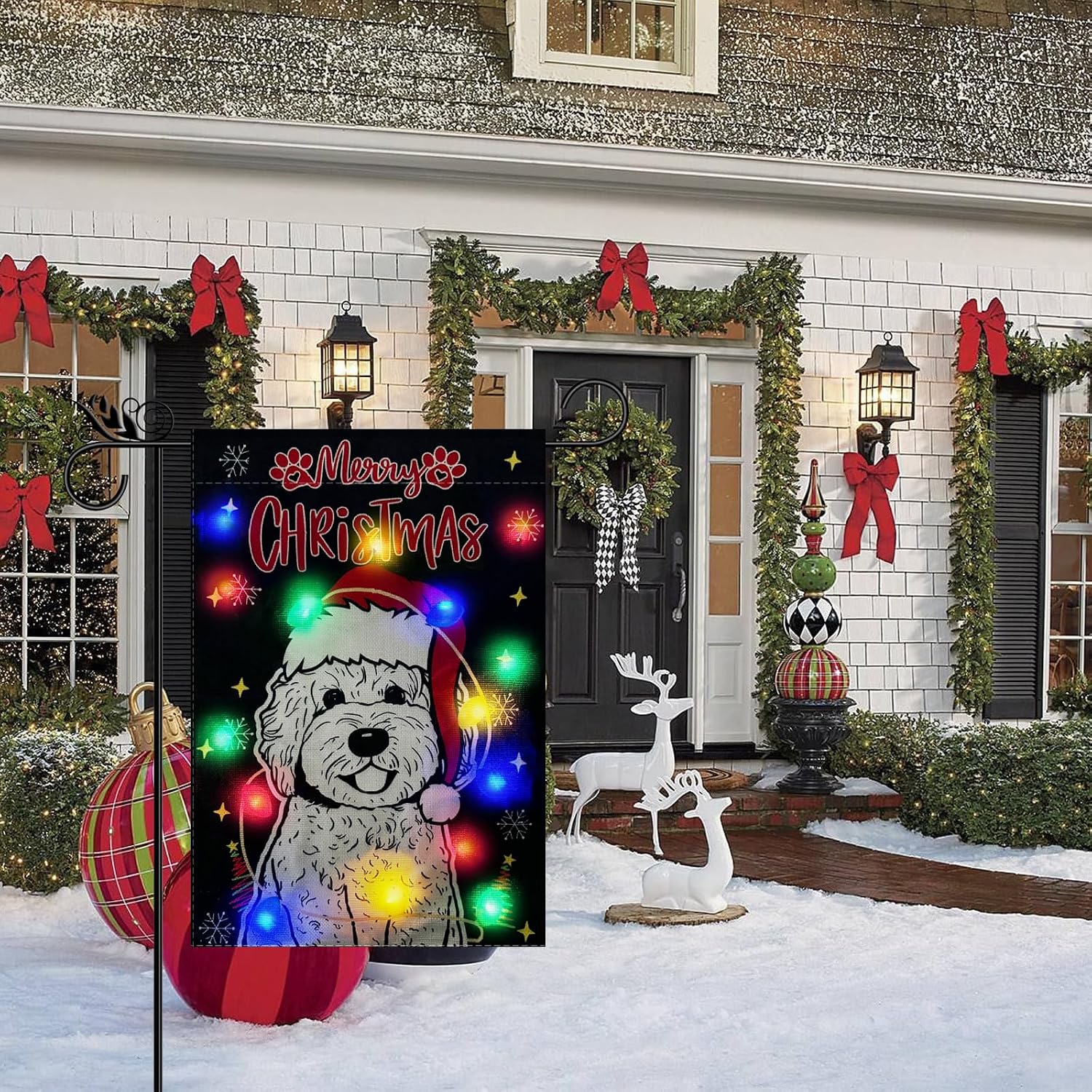 Christmas Garden Flag Lighted Xmas Golden Doodle Flags for Outside Solar Led Double Sided Burlap Winter Holiday Dog Decorations Yard Lawn Outdoor Decor 12.5 x 18 Inch