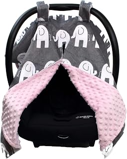 Dear Baby Gear Deluxe Car Seat Canopy, Custom Minky Print White Elephants, Pink Minky Dot