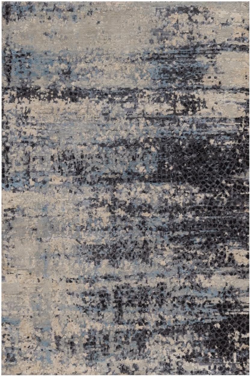 Abstract Mosaic Design Hand Knotted Oriental Rug, Blue and Gray, Wool and Silk, 3'10" x 6'