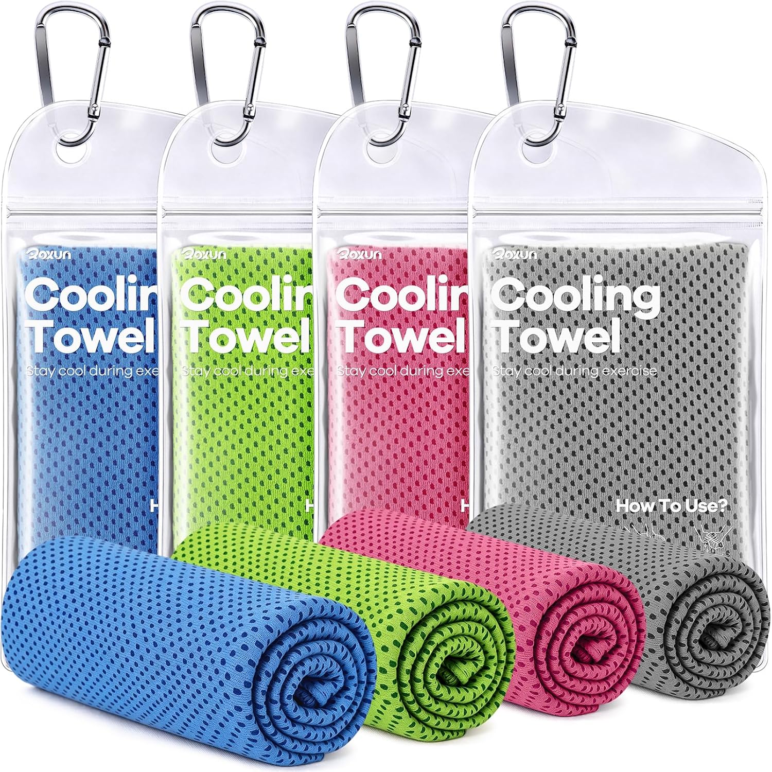 ROXUN Cooling Towels, 4 Pack (40''x12'') Chilly Ice Rags for Neck and Face | Gray+Blue+Pink+Green, Soft Breathable, Sports and Outdoor Workouts, Comes with Storage Bags & Carabiners