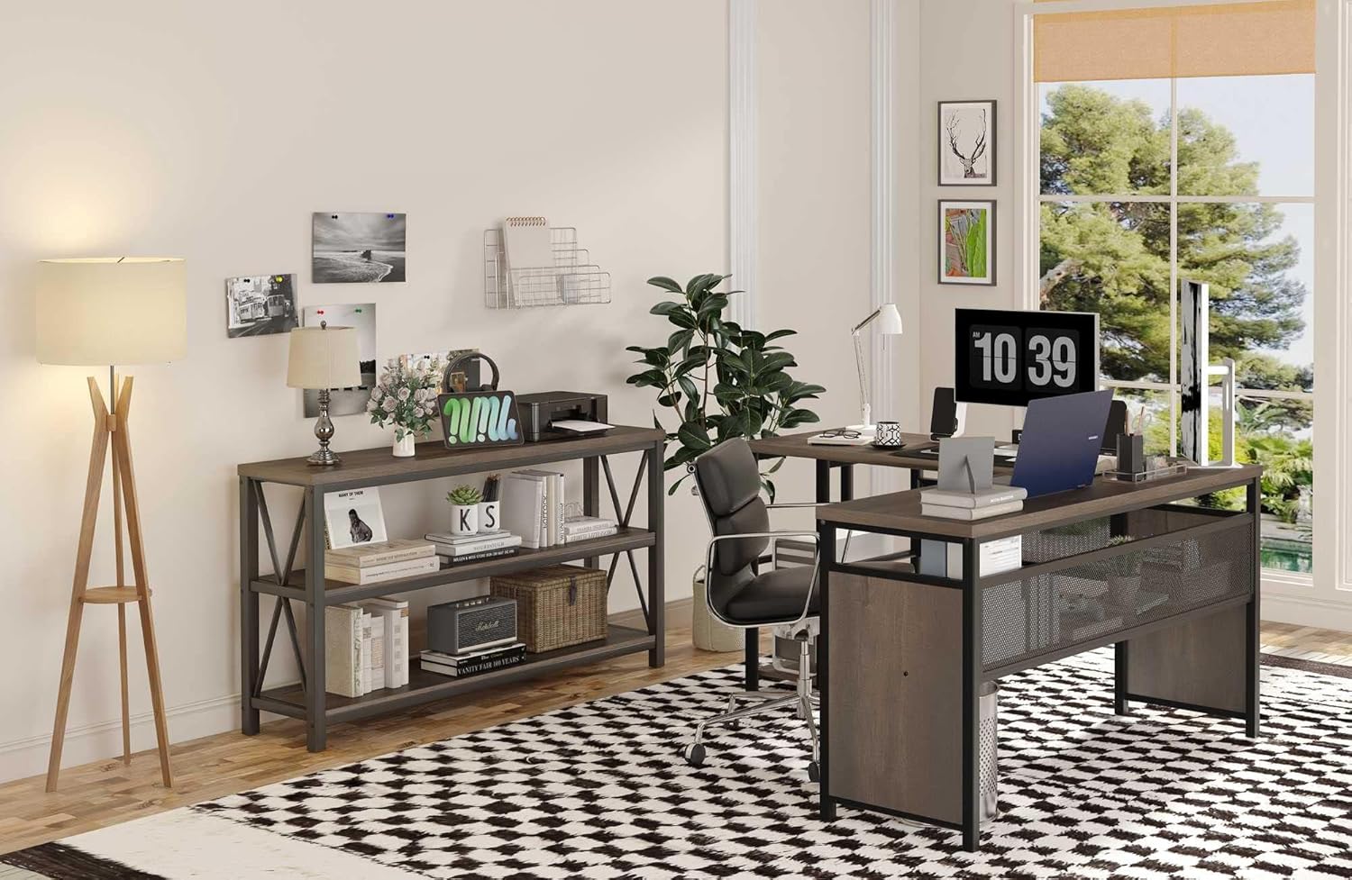 FATORRI L Shaped Computer Desk and Console Table for Living Room (Walnut Brown)