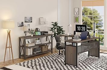 FATORRI L Shaped Computer Desk and Console Table for Living Room Walnut Brown