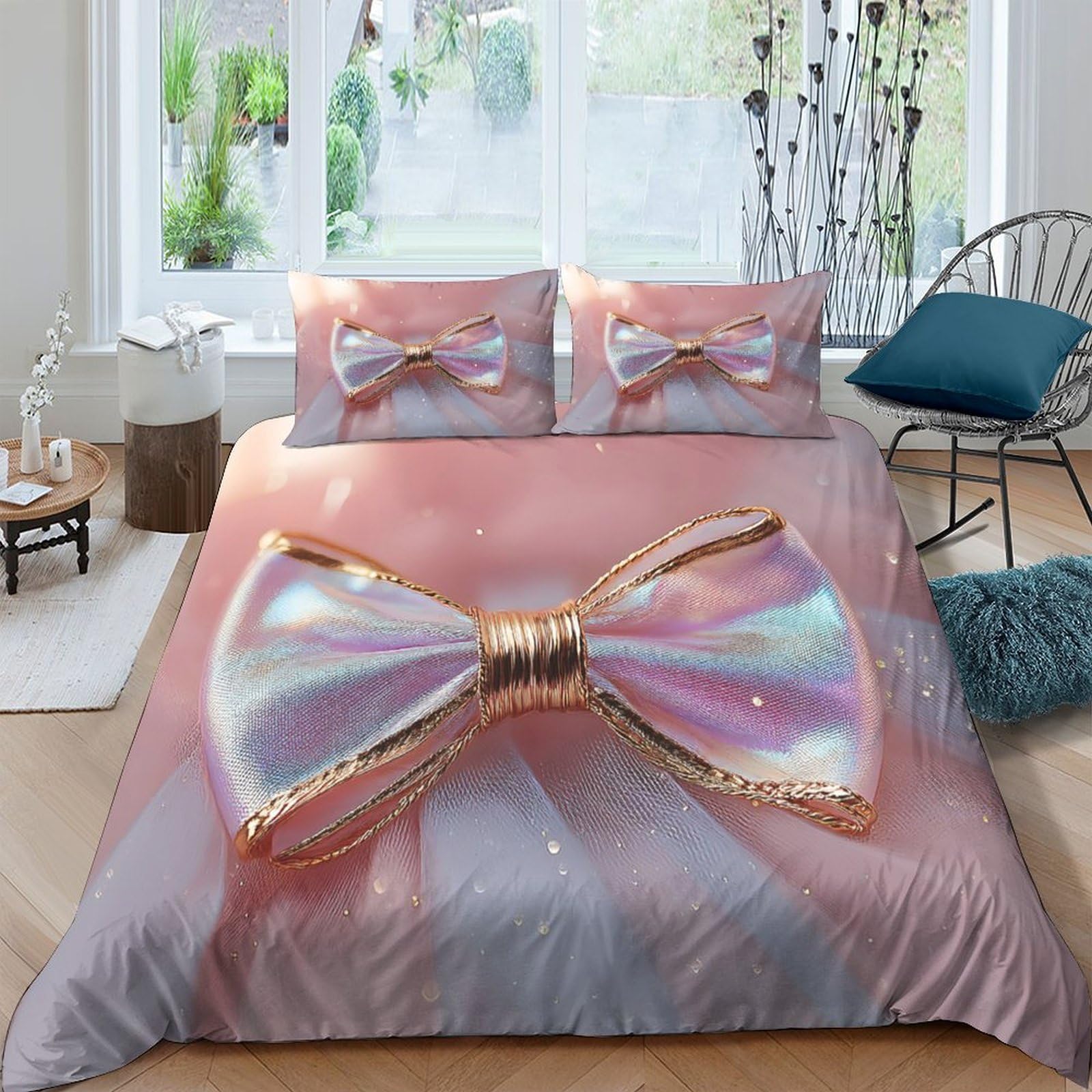 TUFRTGYHN 3D Printed Pink Bow Duvet Cover Microfiber Soft Breathable Iridescent Ribbon Bedding Set with 2 Pillowcases for Bedroom Decor Single（135x200cm）