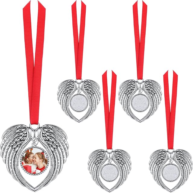 5 Pieces Christmas Angel Wing Sublimation Ornament Xmas Blanks Hot Transfer Printing Sublimation Wing Ornament Angel Wing Pendants for Christmas Tree Decor Xmas Party Decorations (Silver)