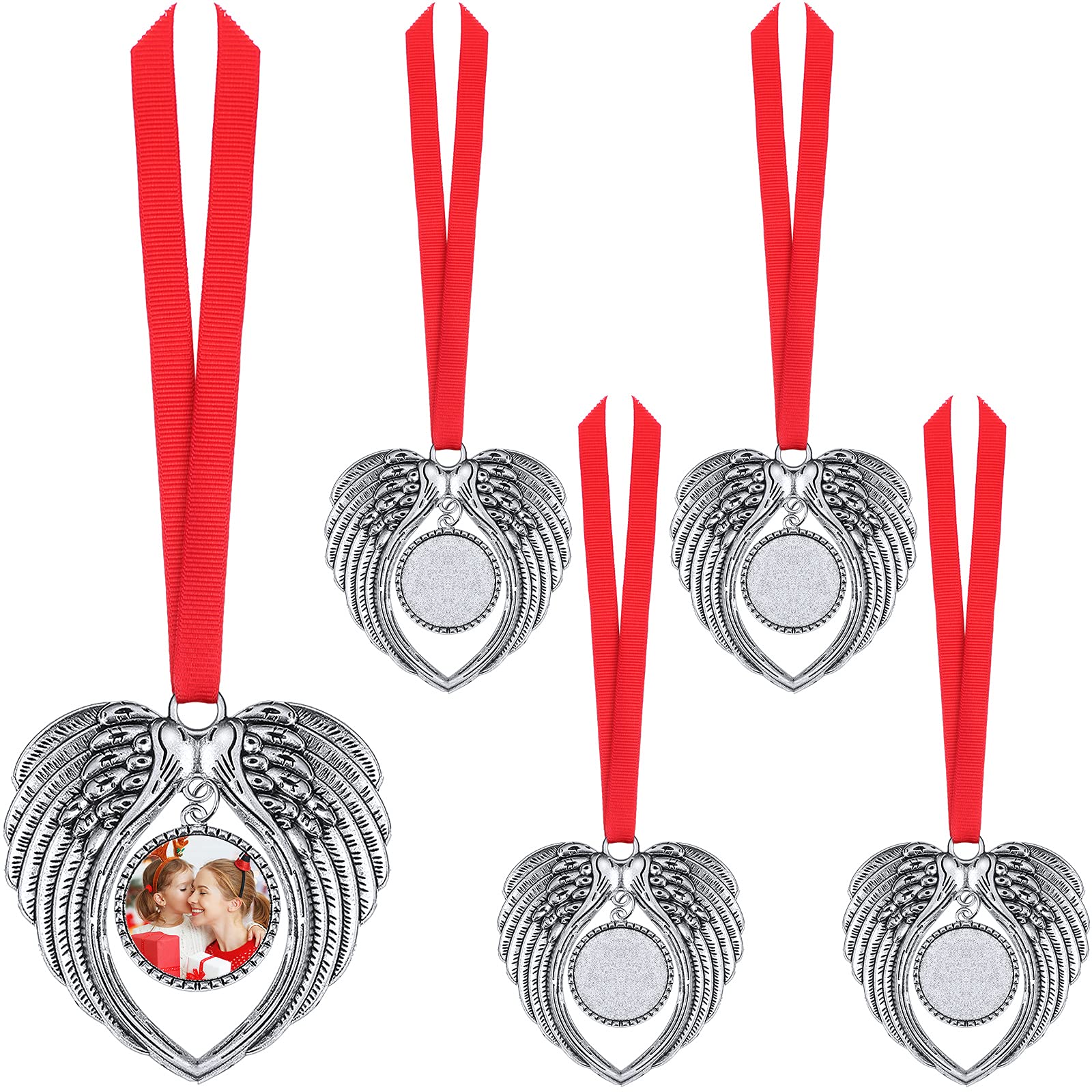 5 Pieces Christmas Angel Wing Sublimation Ornament Xmas Blanks Hot Transfer Printing Sublimation Wing Ornament Angel Wing Pendants for Christmas Tree Decor Xmas Party Decorations (Silver)