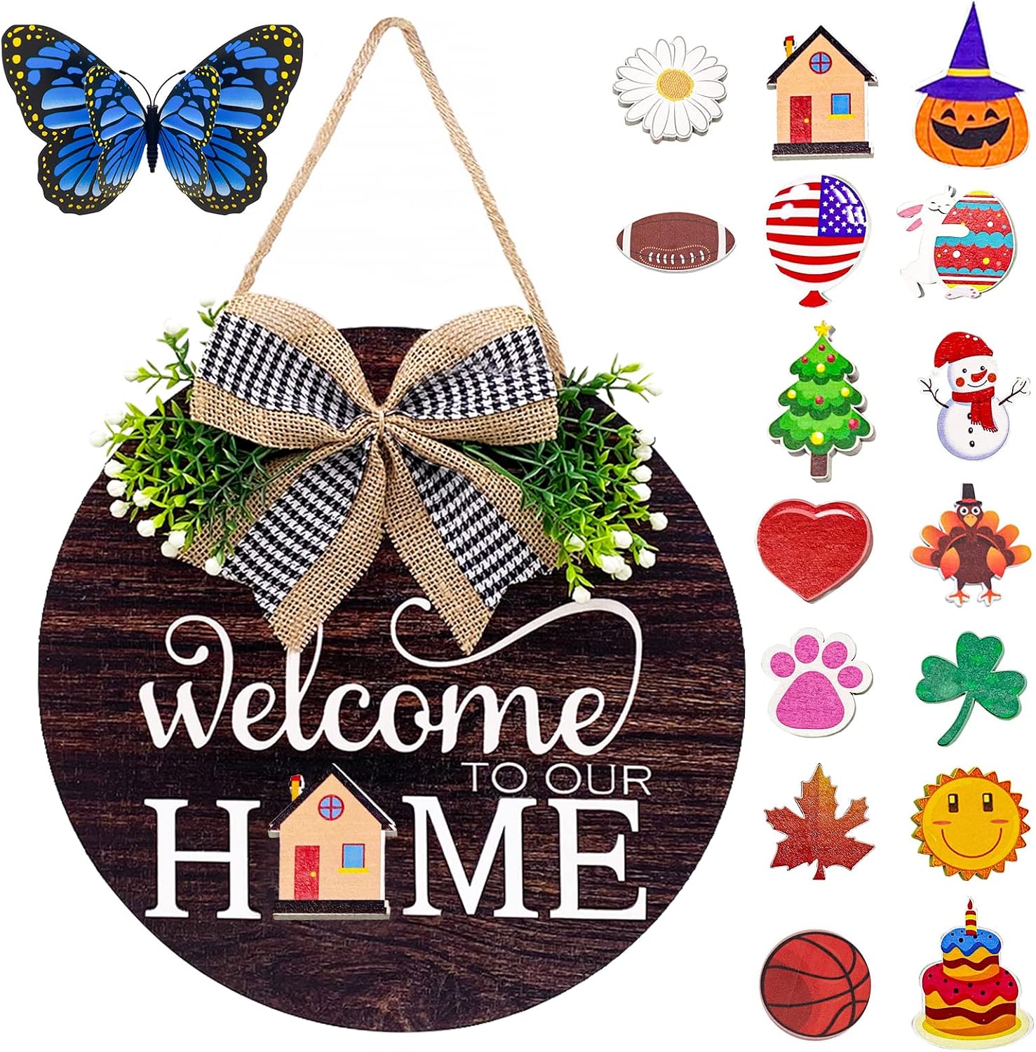 Interchangeable Seasonal Welcome Sign Front Door Decorations, Round Wood Wreath for Outdoor, Farmhouse, Porch Perfect for New Home Housewarming Gift, Valentine's, Easter, Christmas Home Decor