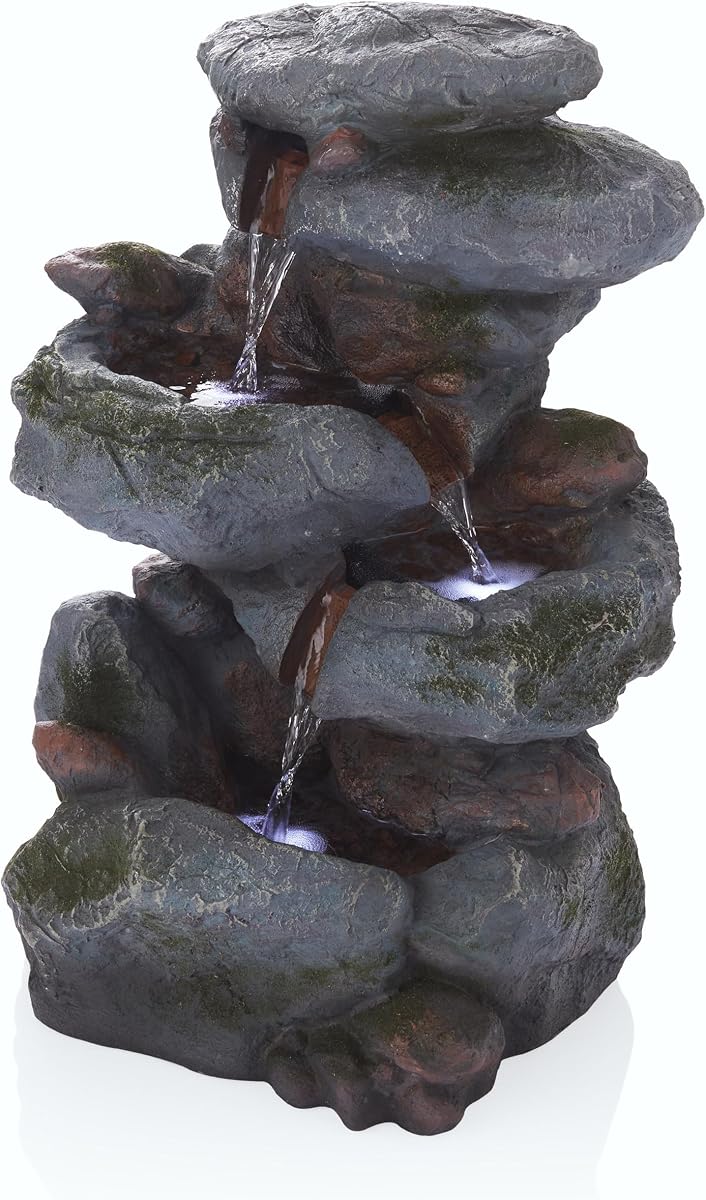 Fuente de cascada de roca al aire libre de 3 niveles de 22"de altura con luces LED, aspecto de piedra natural para jardín, patio, jardín y decoración de porche, gris