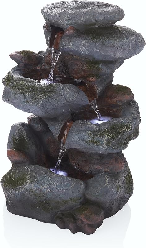 Fuente de cascada de roca al aire libre de 3 niveles de 22"de altura con luces LED, aspecto de piedra natural para jardín, patio, jardín y decoración de porche, gris