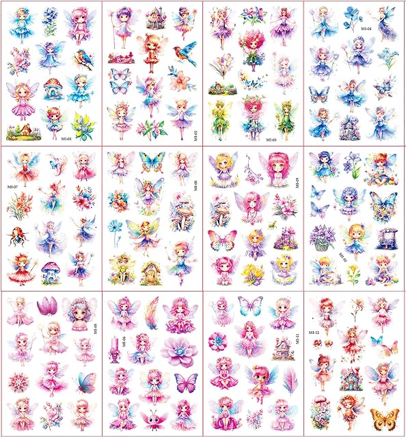 Foto 2 de 6 de Hada Tatuajes Temporales Niños, 12 Hojas Hada de Flores Purpurina Tatuaje Temporal
