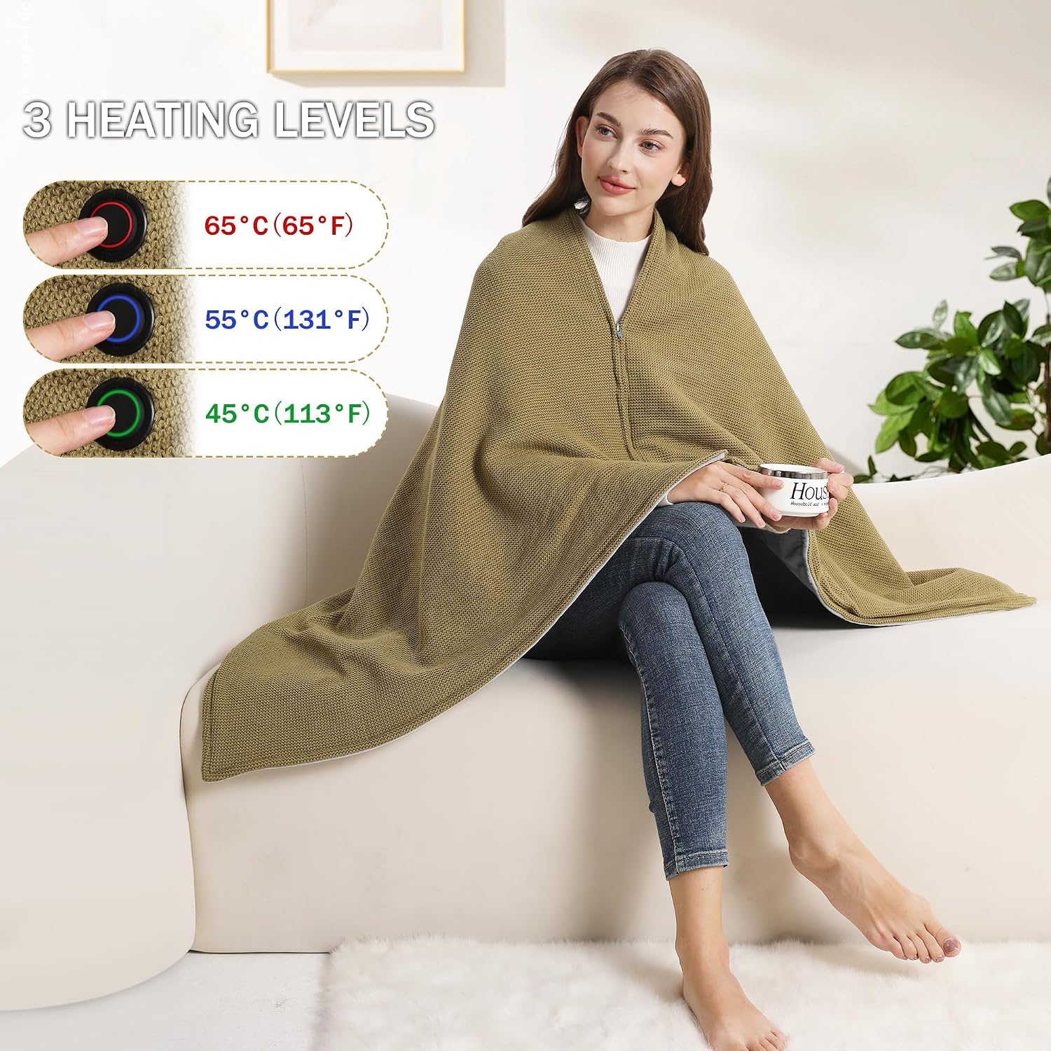 KSFJZF Heated Blanket with 20000mAh Power Bank - 58"X32" Green Knit & Gray Crystal Velvet, Rapid Heating, 3 Temps, Portable Cordless Heated Throw Shawl for Indoor & Outdoor Comfort (Green)