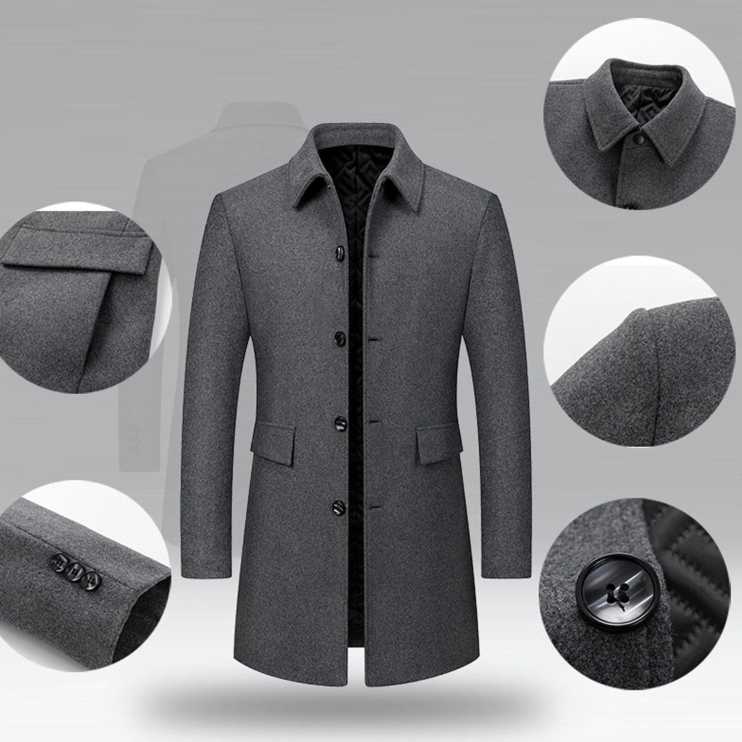 Maiyifu-GJ Men's Wool Blend Pea Coat Casual Lapel Single-Breasted Overcoat Slim Fit Business Jacket