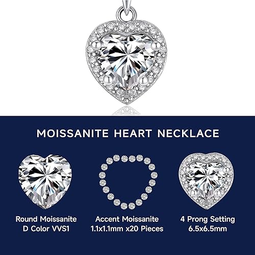 Miniatura 8 de MomentWish Collar con colgante de corazón para mujer collar de moissanita de 1 quilate collar de corazón de plata de ley 925 con diamantes de