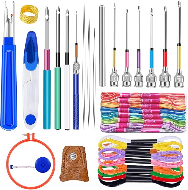 41 Pieces Needle Punch Kit, Embroidery Tool, Punch Needle Supplies with 20 Pcs Embroidery Floss, 10 Pcs Embroidery Punch Needle, Needle Threader, Big Seam Ripper, Scissors, Thimble and Embroidery Hoop