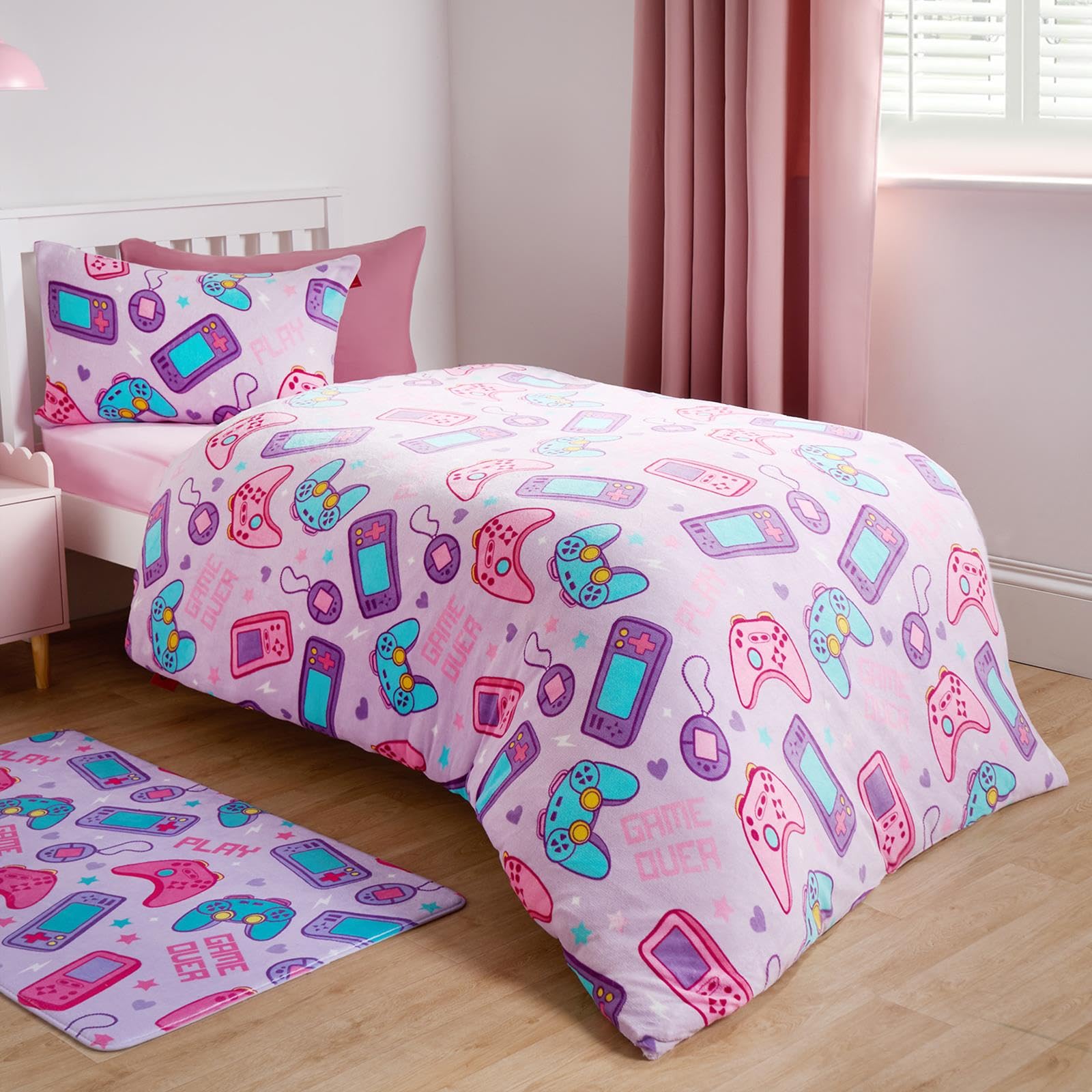 Ohs Girls Purple Gaming Fleece Duvet Set Single, Quilt Covers Ultra Soft Teddy Fleece Gaming Duvet Bedding For Single Covers With Pillowcase Gamer Gifts For Kids