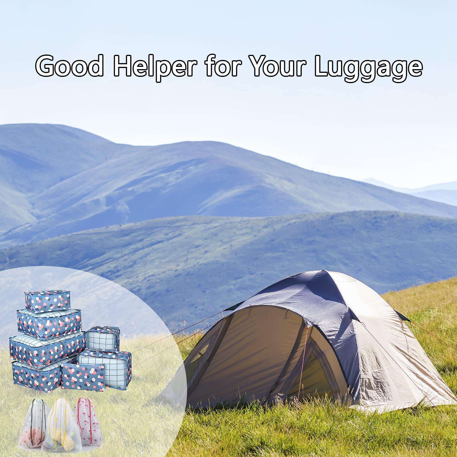 Sciphylia Organizer Valigie Organizer Valigia Set di 10 Borse Organizer da Viaggio Impermeabili Cubi di Imballaggio Viaggio Accessori Utili per Vestiti Cosmetici Scarpe Biancheria Intima Fiore Blu