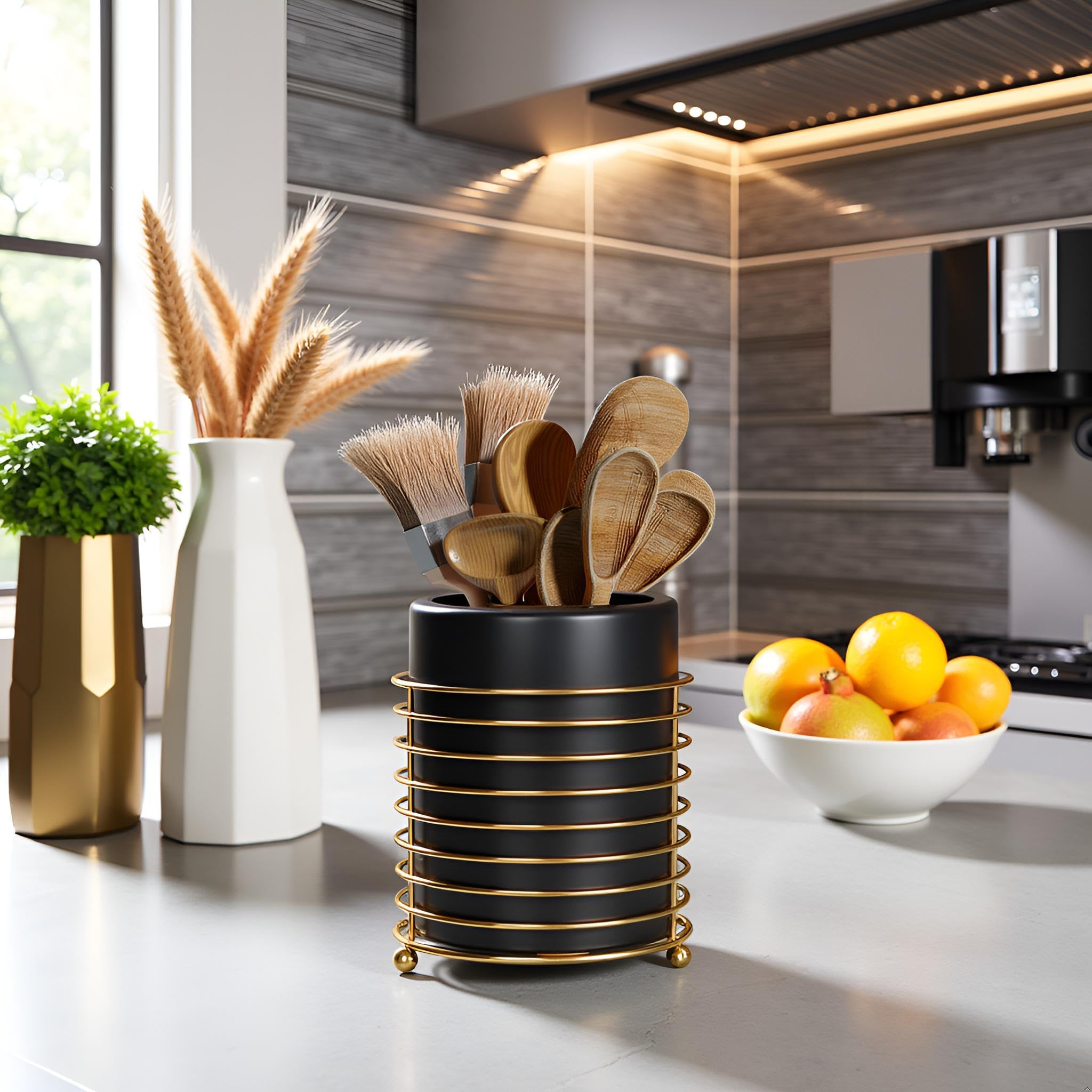 Support pour ustensiles de cuisine pour comptoir, porte-couverts en céramique avec support annulaire, rangement pour accessoires de cuisine (Noir)