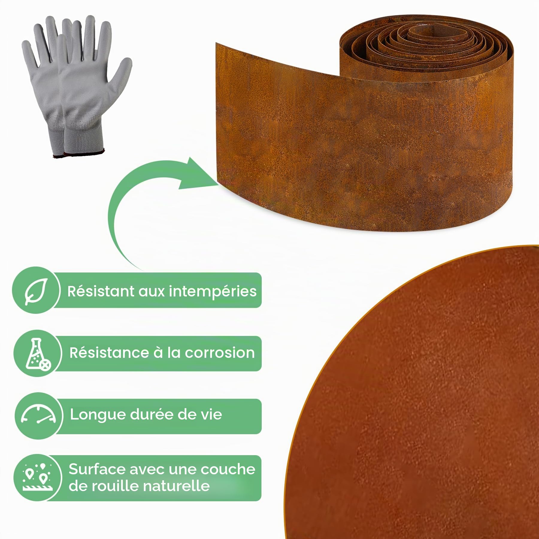 Vehipa 10 m x 14 cm Bordure de pelouse en Acier Corten, Bordure de pelouse en Acier Corten pour pelouse DIY, Bande de pelouse avec Rouille, 1 Paire de Gants Incluse
