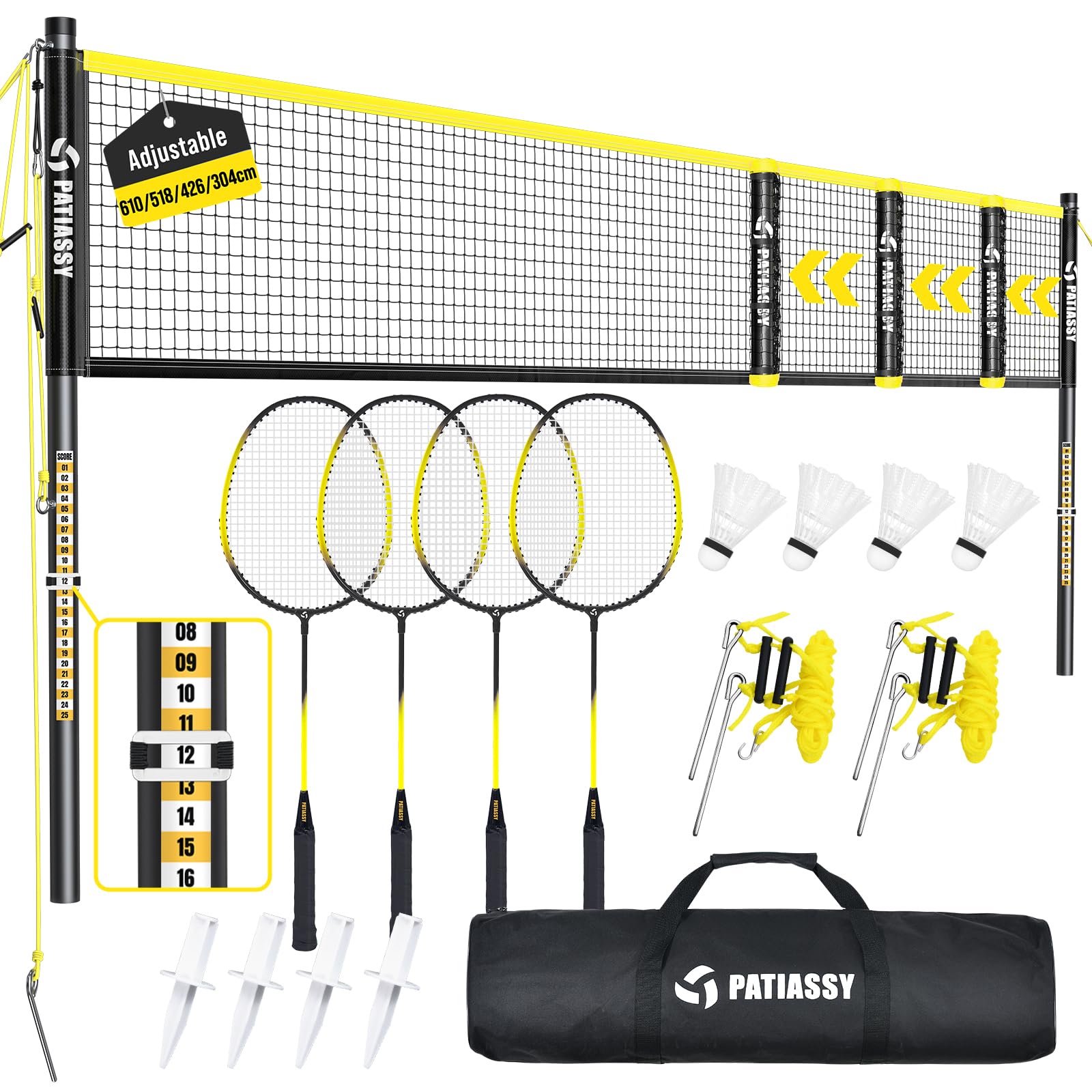 Filet de badminton portable pour le jardin, 3 largeurs réglables, filet de sport 6/5,1/4,2 m avec 4 raquettes de badminton, 3 supports de volants et sac de transport pour l'intérieur et l'extérieur