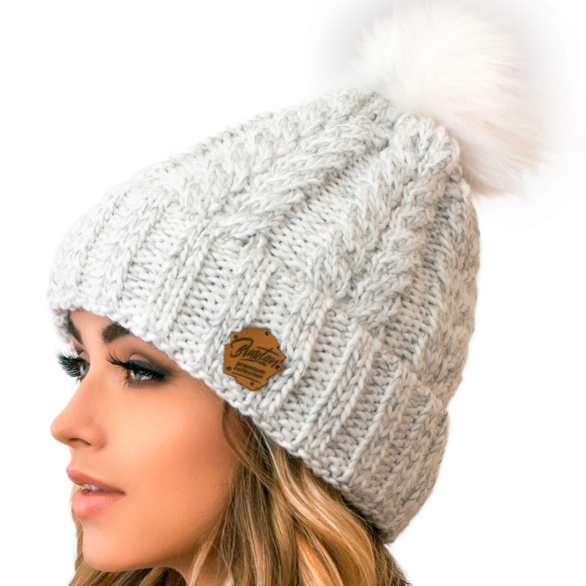 Braxton Knit Hat for Women - Pom Cable Winter Warm Fleece Beanie - Wool Snow Cuff Outdoor Ski Cap