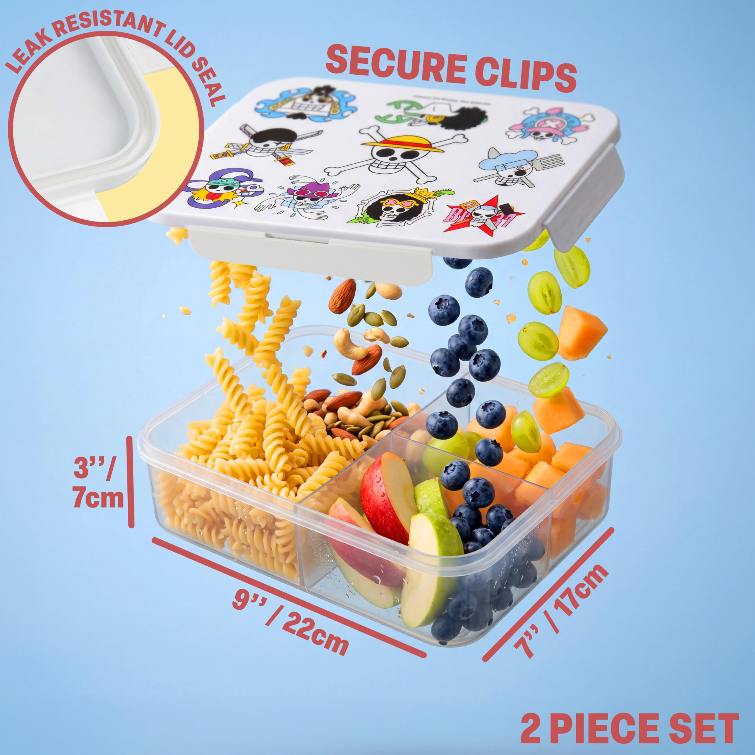 Get Trend One Piece Personaggi Porta Pranzo Bambini, Set 2 Pezzi con Senza BPA Bento Box 3 Scomparti e Borraccia Coperchio Apribile con Cannuccia 580 ml Scuola Idea Regalo (Multi One Piece)