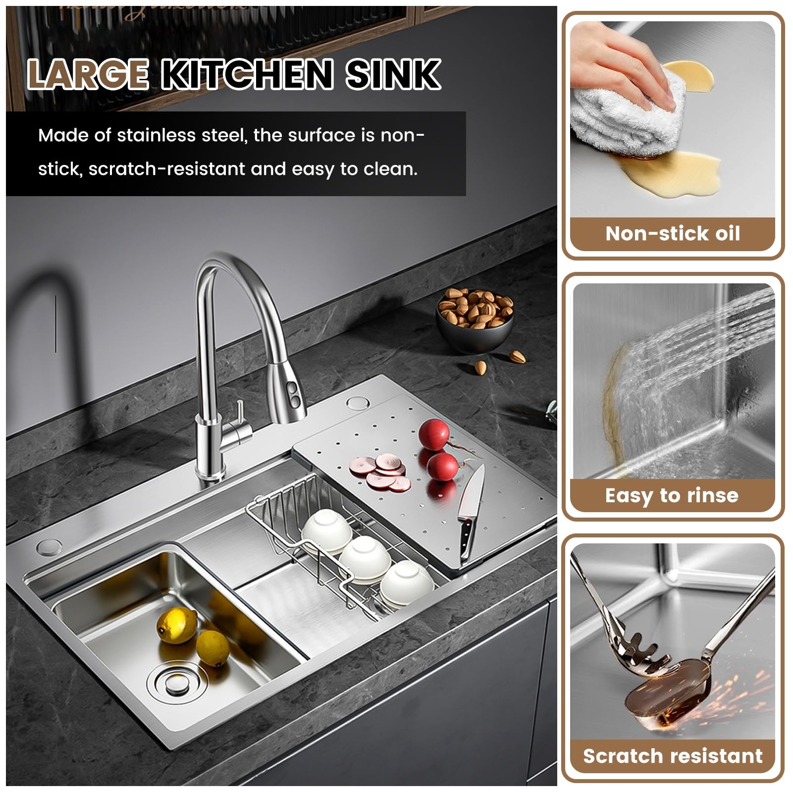 Fregadero de 65 x 50 cm de acero inoxidable 304, con sifón, escurridor, tabla de cortar, lavabo pequeño, fregadero de cocina grande y moderno, 1 lavabo, empotrable/instalación desde arriba