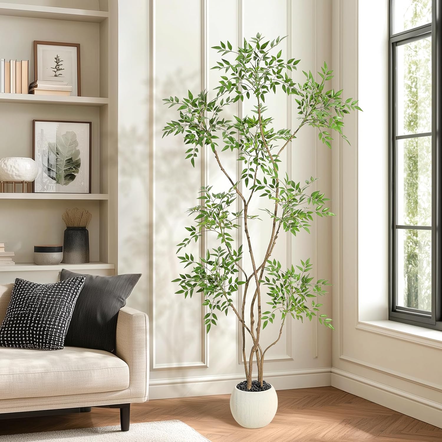 GarveeHome Artificial Plants Indoor,6 ft Tall Faux Floor Plant in Pot, Nandina Artificial Tree with White Planter for Home Decor Office Living Room