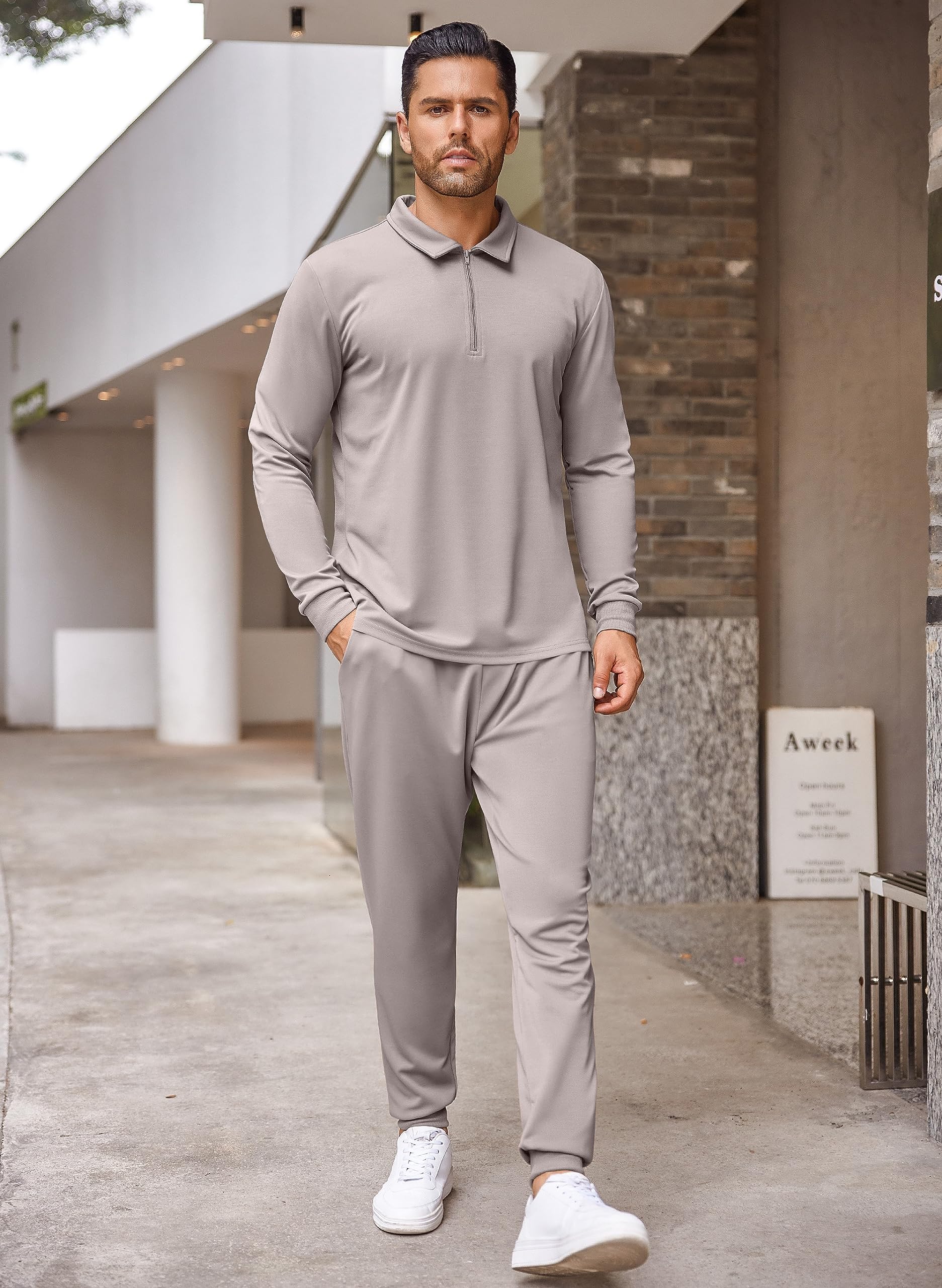 COOFANDY Tuta sportiva da uomo, 2 pezzi, polo con zip a un quarto, tuta sportiva casual da corsa e jogging