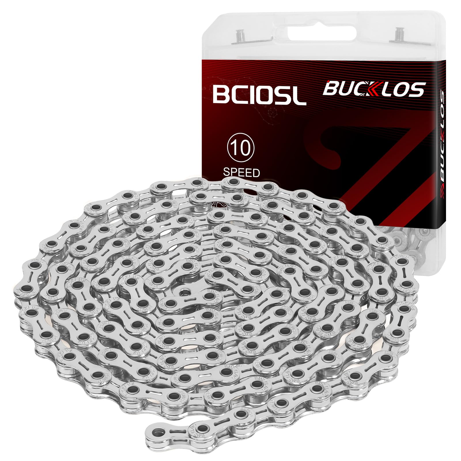 BUCKLOS1/2 x 11/128 Inch 116 Link Bike Chain, Silver, BC10SL, Alloy Steel, Double Strand, Compatible with SHIMANO/SRAM/CAMPAGNOLO, 10 Speed Drivetrain