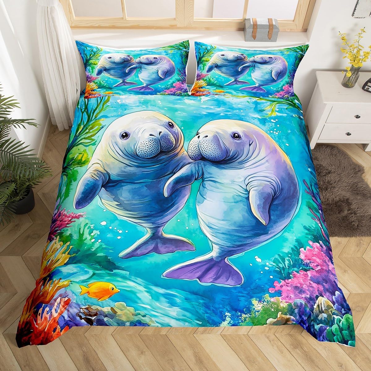 Feelyou Cute Manatee Duvet Cover King Size Cartoon Ocean Animal Fish Bedding Set Kids Boys Girls Sea Creatures Comforter Cover Set Marine Life Sealife Bedspread Cover（No Comforter