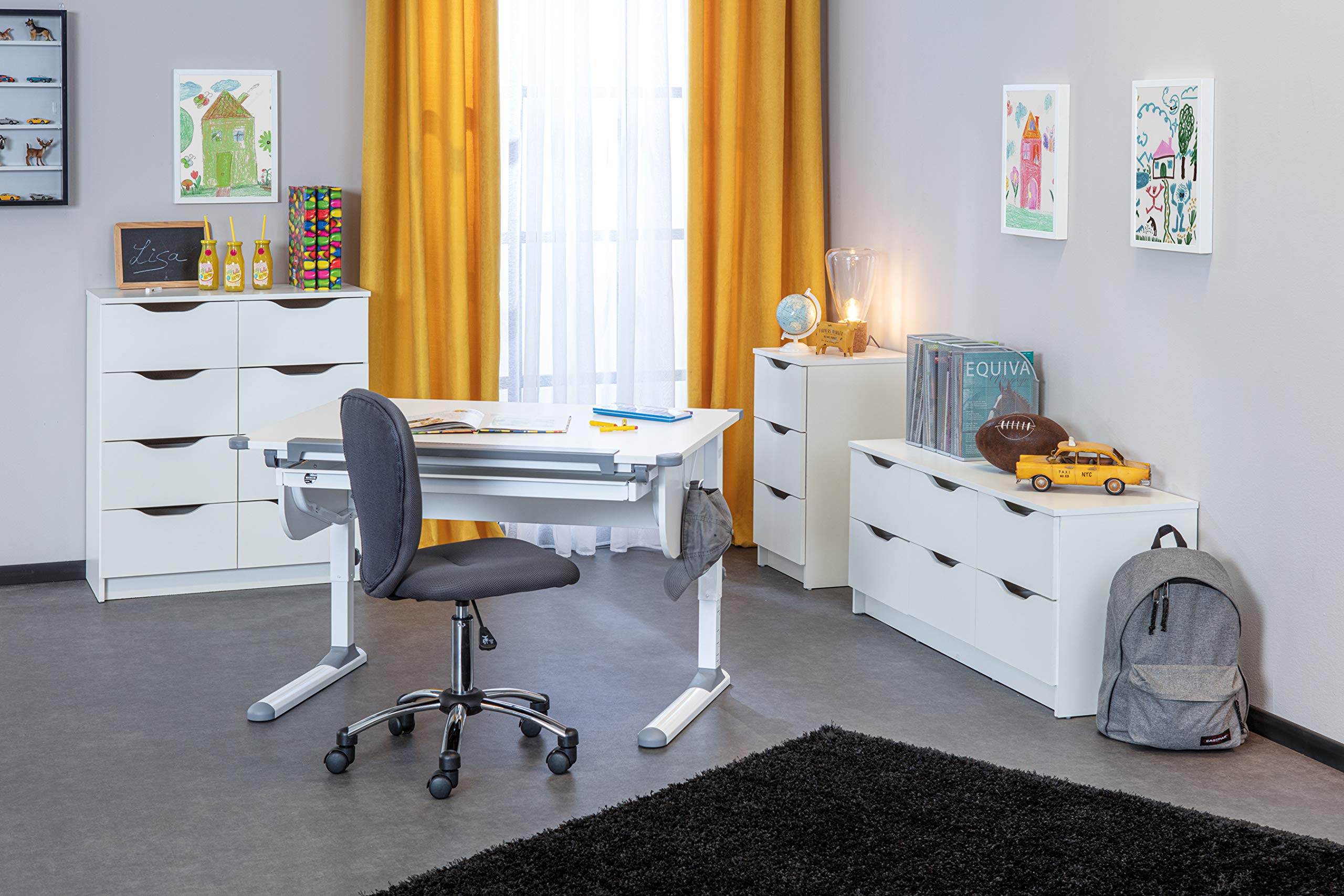 Höhenverstellbarer Schreibtisch mit kippbarer Ablage, in Weißmetall, 110x68x55-78 cm