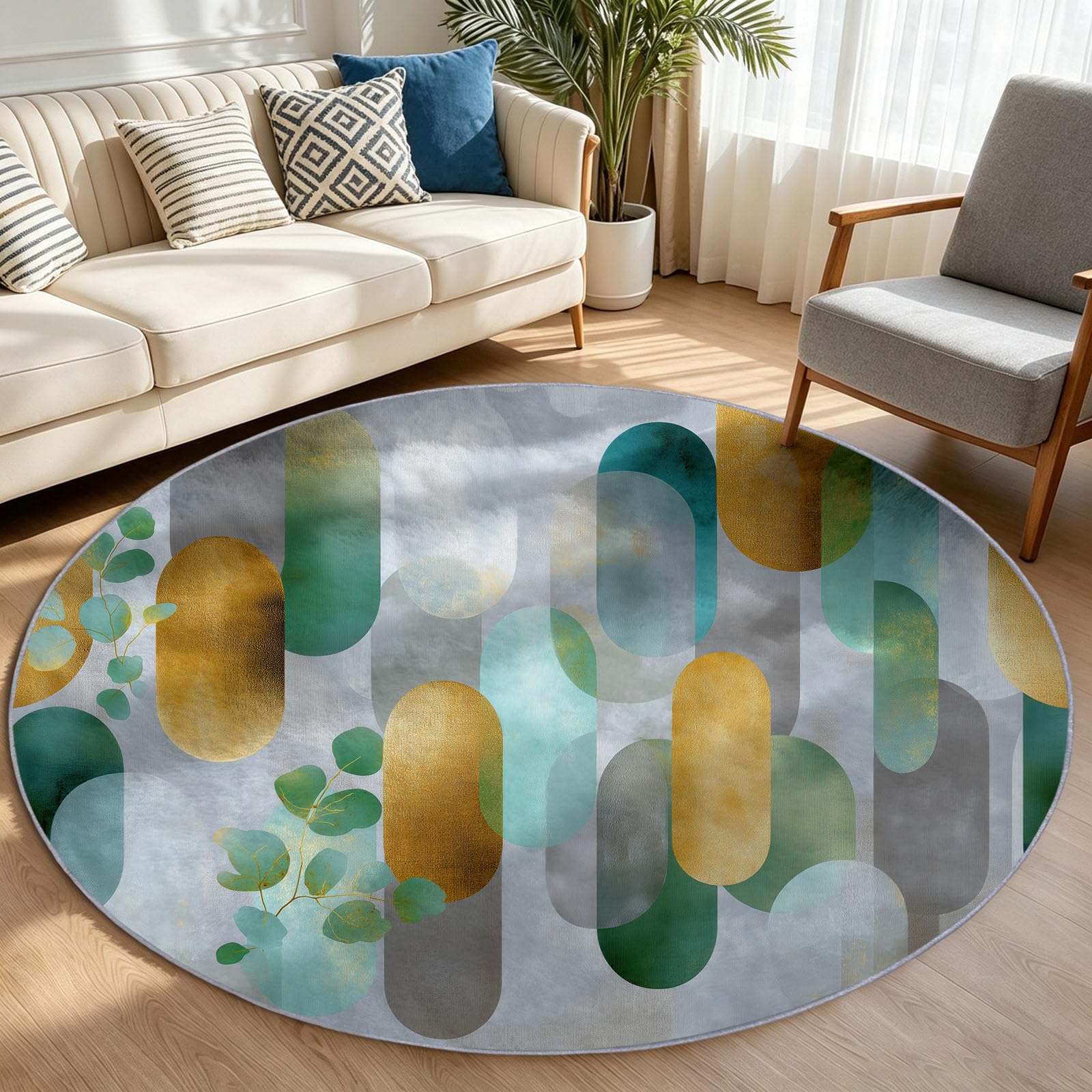 Tapis Rond Salon 160 cm Lavable en Machine, Motif Ovales Contemporains