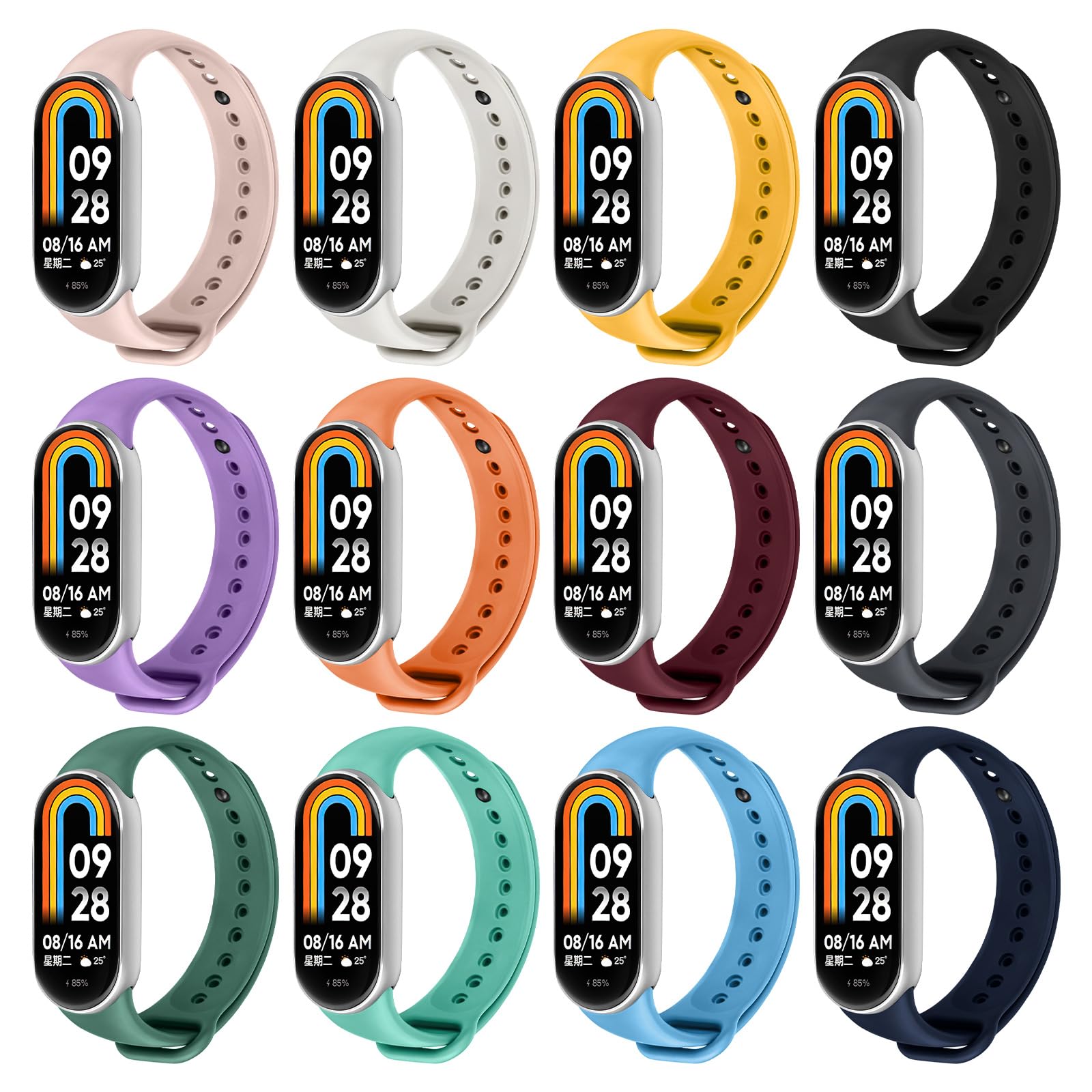 Ainiv Silicone Strap Compatible with Xiaomi Mi Band 8/9/10, 12pcs Silicone Sport Band Straps for xiaomi smart band 8/9/10, Adjustable Replacement Wristband for Women Men(Set1)